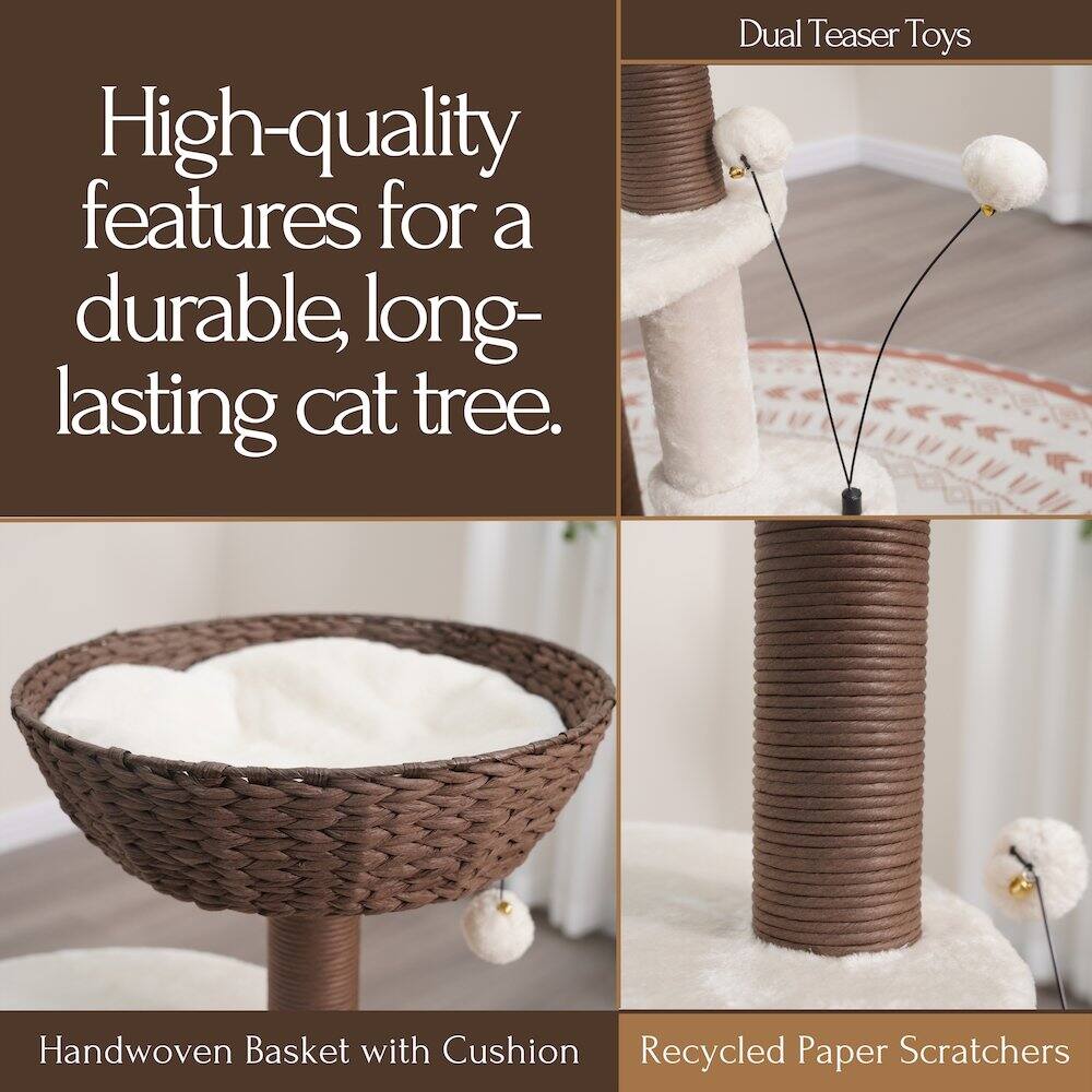 High-quality features for a durable, long-lasting cat tree.

- Dual Teaser Toys
- Handwoven Basket with Cushion
- Recycled Paper Scratchers