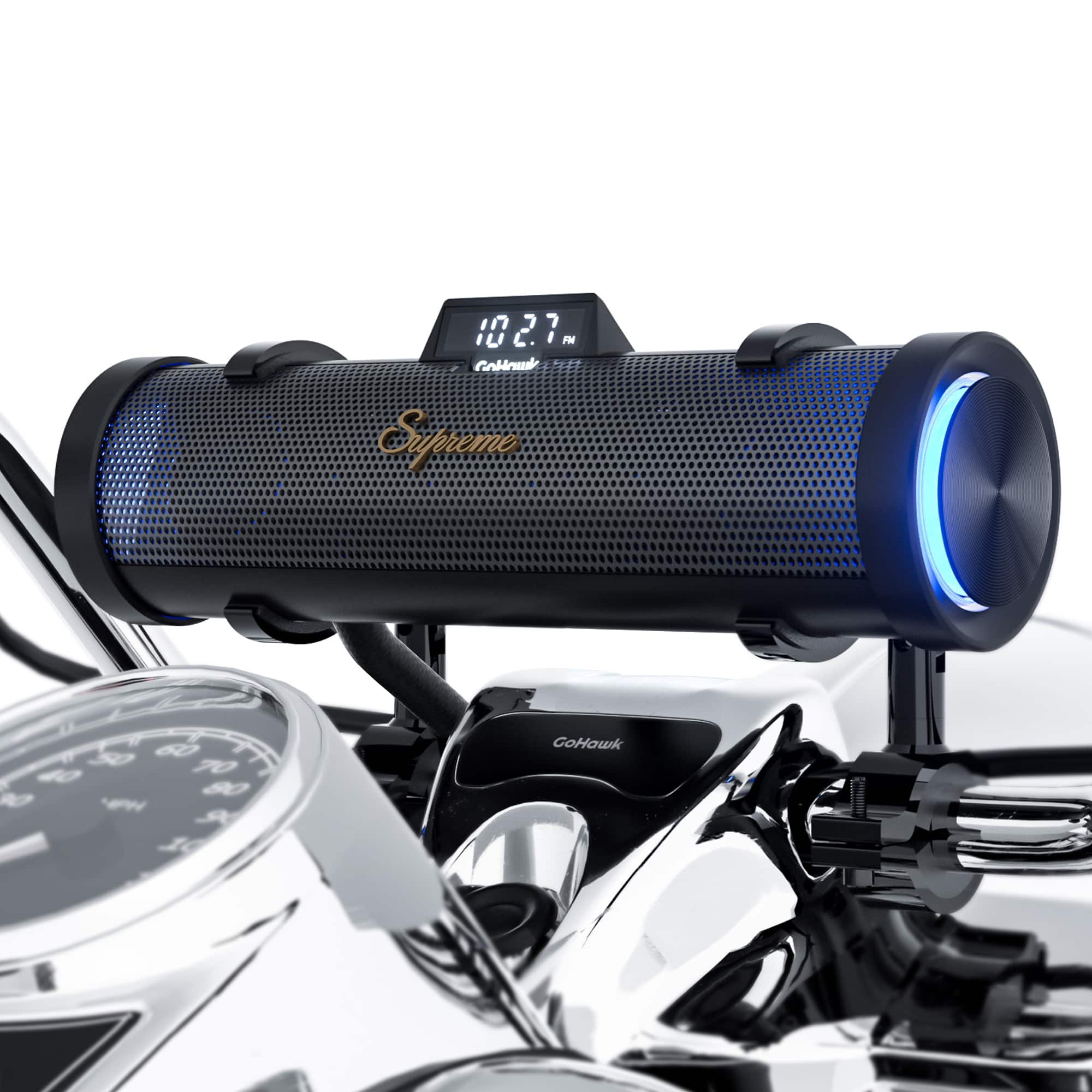 GoHawk - Bluetooth Motorcycle Speakers: 6-Speaker Waterproof Stereo System w/ Built-in Amp, Aluminum Soundbar, FM/USB Music/LED - Black