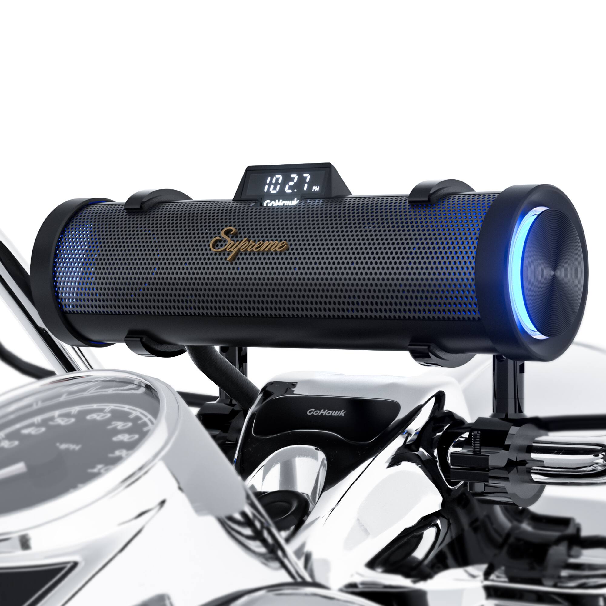 GoHawk - Bluetooth Motorcycle Speakers: 6-Speaker Waterproof Stereo System w/ Built-in Amp, Aluminum Soundbar, FM/USB Music/LED - Black