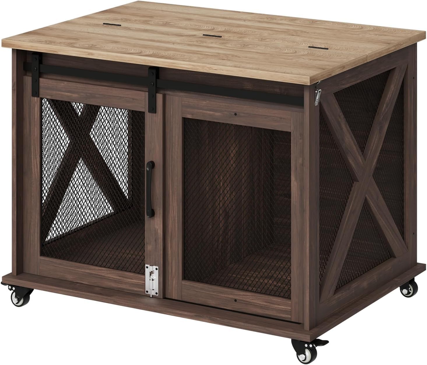 Alt View 4. Acekool - Dog Crate Furniture,37 Inch Indoor Dog Cage with Sliding Barn Door, Flip Top Dog Kennel End Table, Brown.