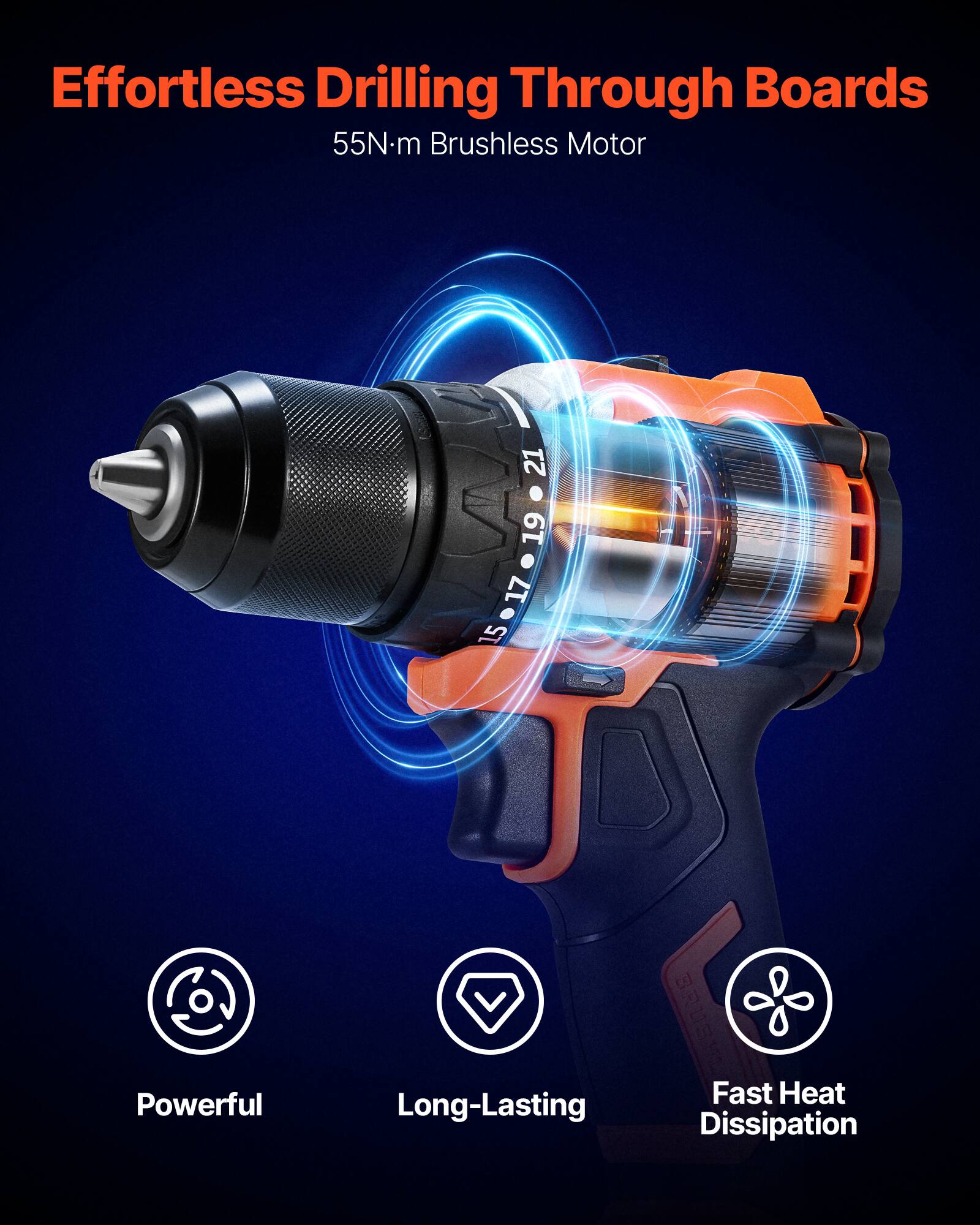 Effortless Drilling Through Boards  
55N·m Brushless Motor  

Powerful  
Long-Lasting  
Fast Heat Dissipation