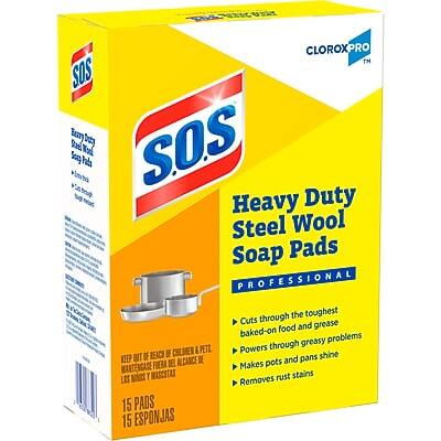 Sure, here is the corrected and grouped text from the image:

---

**S.O.S. Heavy Duty Steel Wool Soap Pads PROFESSIONAL**

**Features:**
- Cuts through the toughest baked-on food and grease
- Powers through greasy problems
- Makes pots and pans shine
- Removes rust stains

**15 PADS / 15 ESPONJAS**

**Keep out of reach of children. If swallowed, get medical help or contact a Poison Control Center right away.**

**CLOROXPRO™**

**Ecuador:**
- 15 Pads
- 15 Españolas

**Chile:**
- 15 Pads
- 15 Españolas

**Mexico:**
- 15 Pads
- 15 Españolas

**REACH:**
- CLOROXPRO

**FIEBA DE ALCANCE:**
- CLOROXPRO

**MARTENCASE:**
- CLOROXPRO

**Y MASCOTAS:**
- CLOROXPRO

---

This text is grouped and corrected based on the information visible in the image.