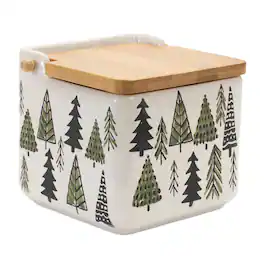 BreeBe - Ceramic Pine Tree Canister with Wood Lid 5.25"L - Green, White, Beige