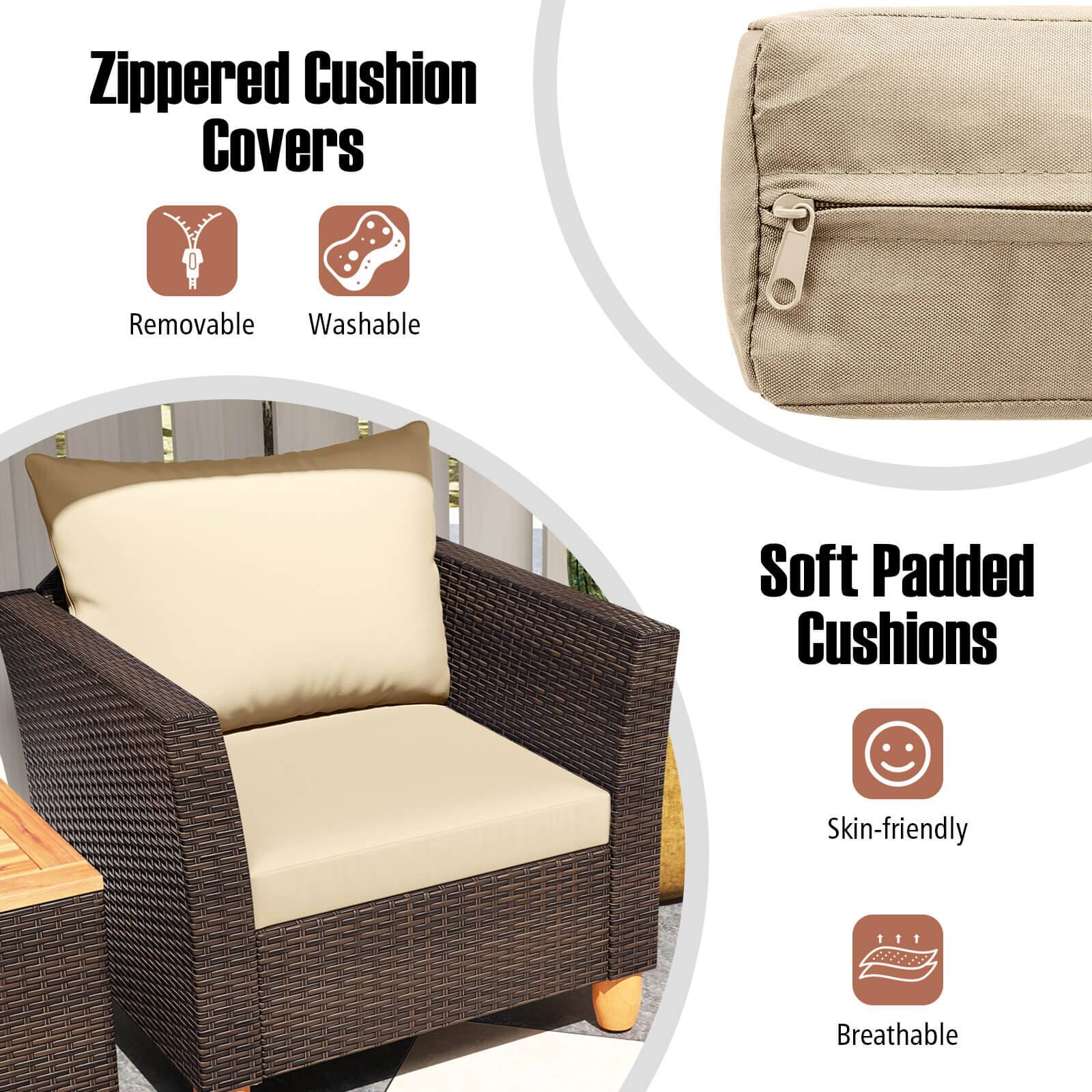 Zippered Cushion Covers  
- Removable  
- Washable  

Soft Padded Cushions  
- Skin-friendly  
- Breathable
