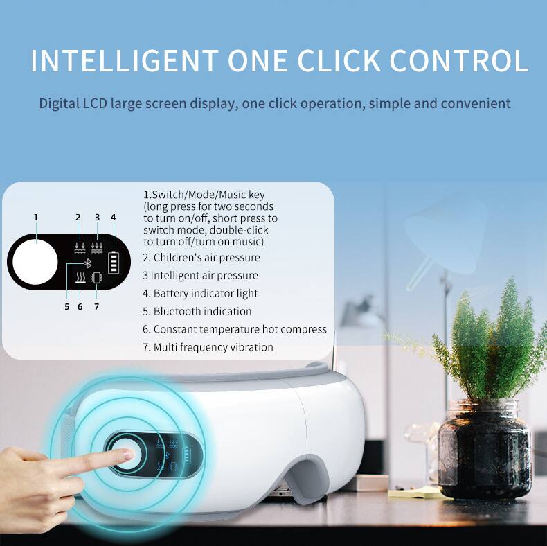 INTELLIGENT ONE CLICK CONTROL

Digital LCD large screen display, one click operation, simple and convenient

1. Switch/Mode/Music key (long press for two seconds to turn on/off, short press to switch mode, double-click to turn off/turn on music)
2. Children's air pressure
3. Intelligent air pressure
4. Battery indicator light
5. Bluetooth indication
6. Constant temperature hot compress
7. Multi frequency vibration