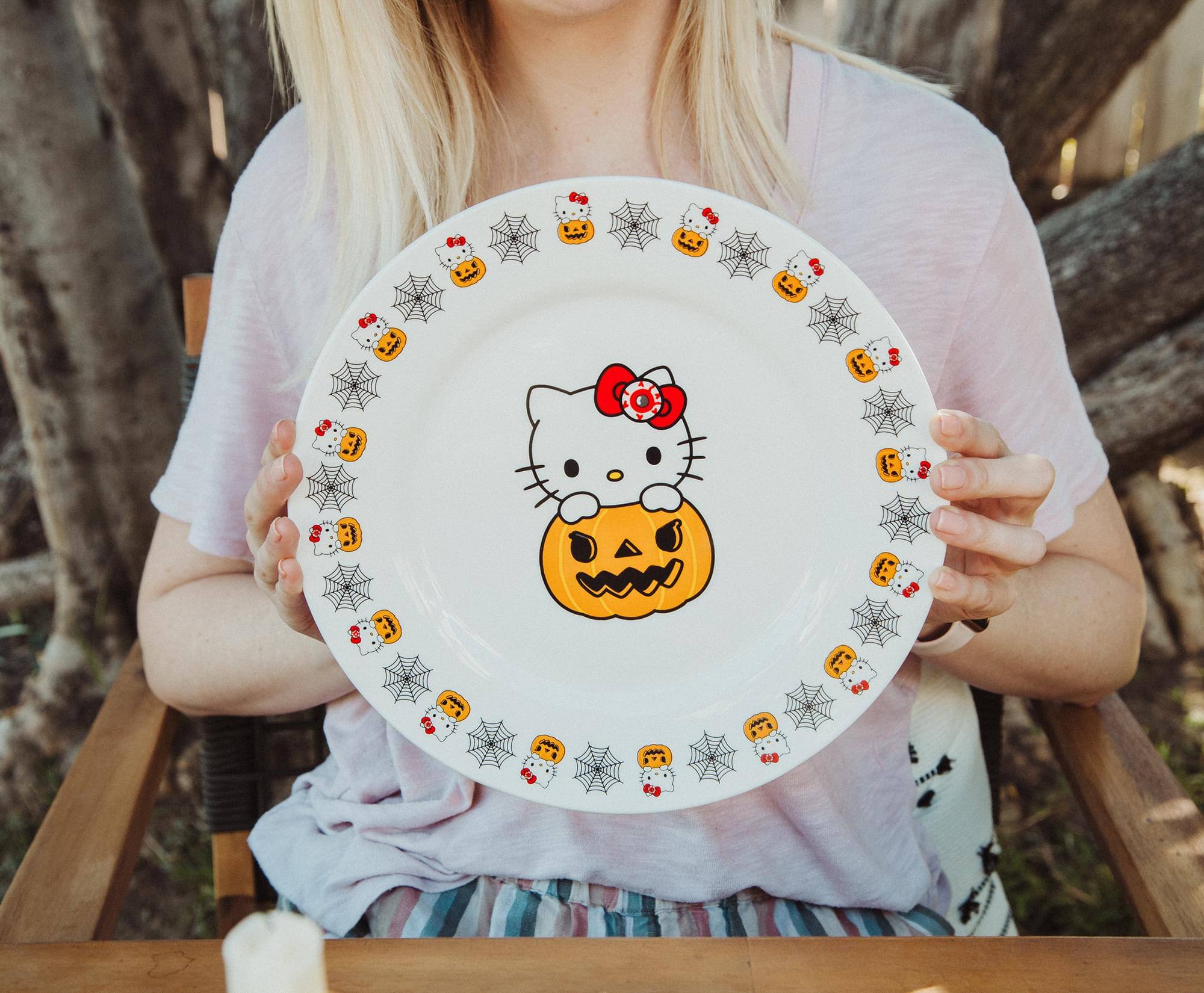 Alt View 4. Silver Buffalo - Sanrio Hello Kitty Pumpkin Boo 11-Inch Ceramic Dinner Plate - Orange.