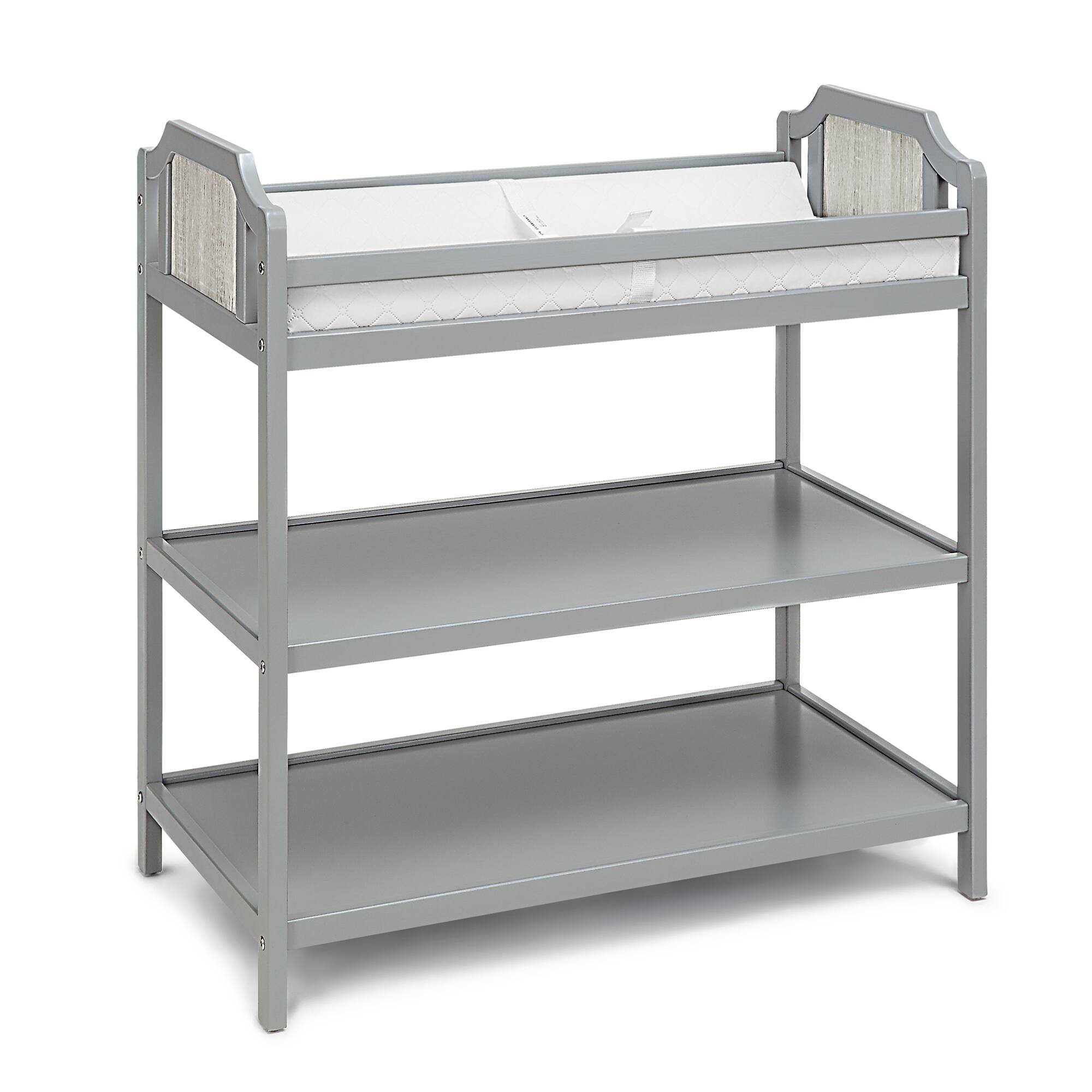 Left. GOODSILO - Modern Gray Wooden Baby Changing Table with Safety Rails and Open Shelf Storage for Nursery Organization - Grey.