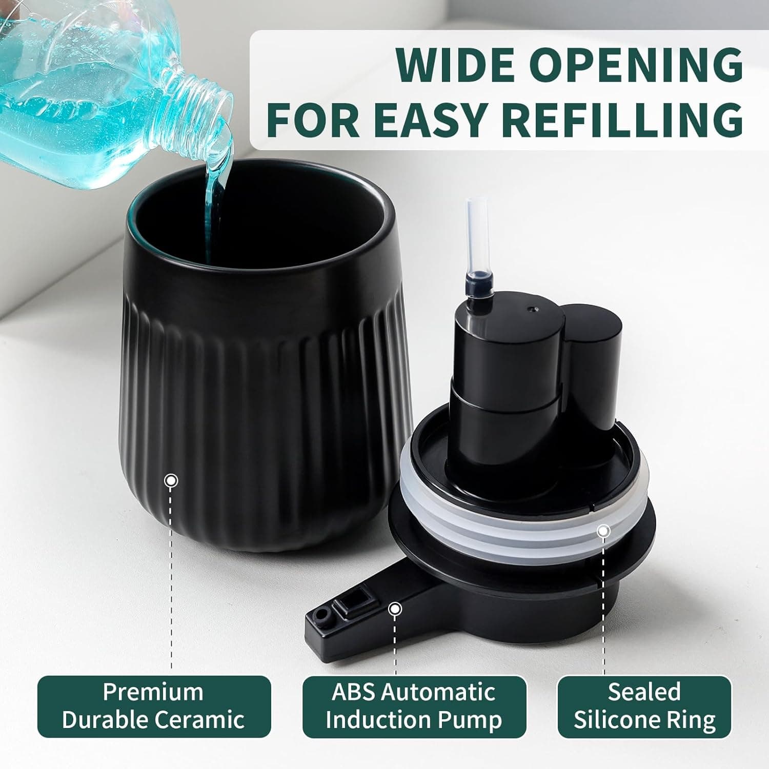 WIDE OPENING FOR EASY REFILLING

Premium Durable Ceramic  
ABS Automatic Induction Pump  
Sealed Silicone Ring