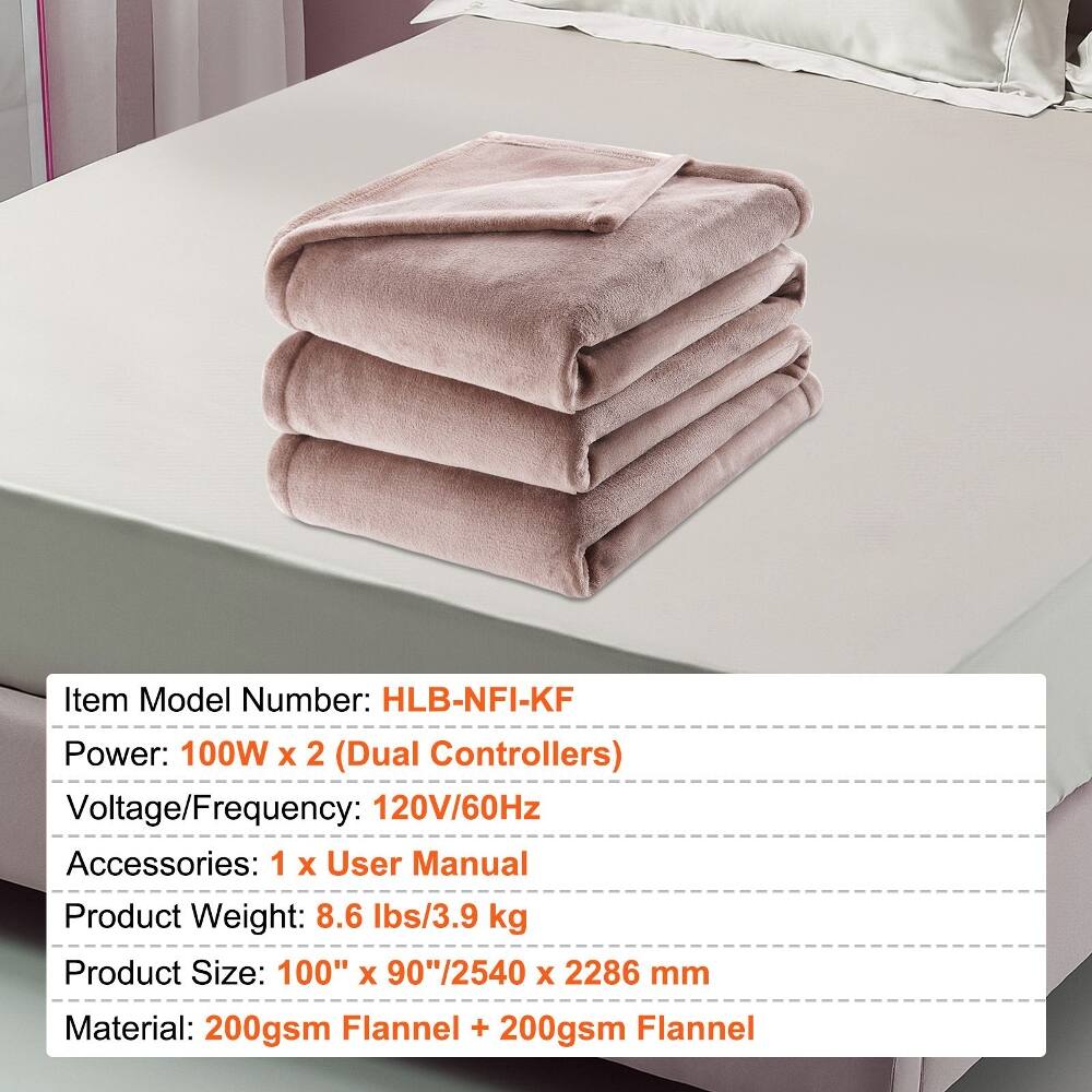 Item Model Number: HLB-NFI-KF  
Power: 100W x 2 (Dual Controllers)  
Voltage/Frequency: 120V/60Hz  
Accessories: 1 x User Manual  
Product Weight: 8.6 lbs/3.9 kg  
Product Size: 100" x 90"/2540 x 2286 mm  
Material: 200gsm Flannel + 200gsm Flannel