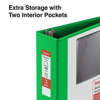 Extra Storage with Two Interior Pockets

Staples
Standard Binder
600 View
3 Inch

Staples
Standard Binder
600 View
3 Inch