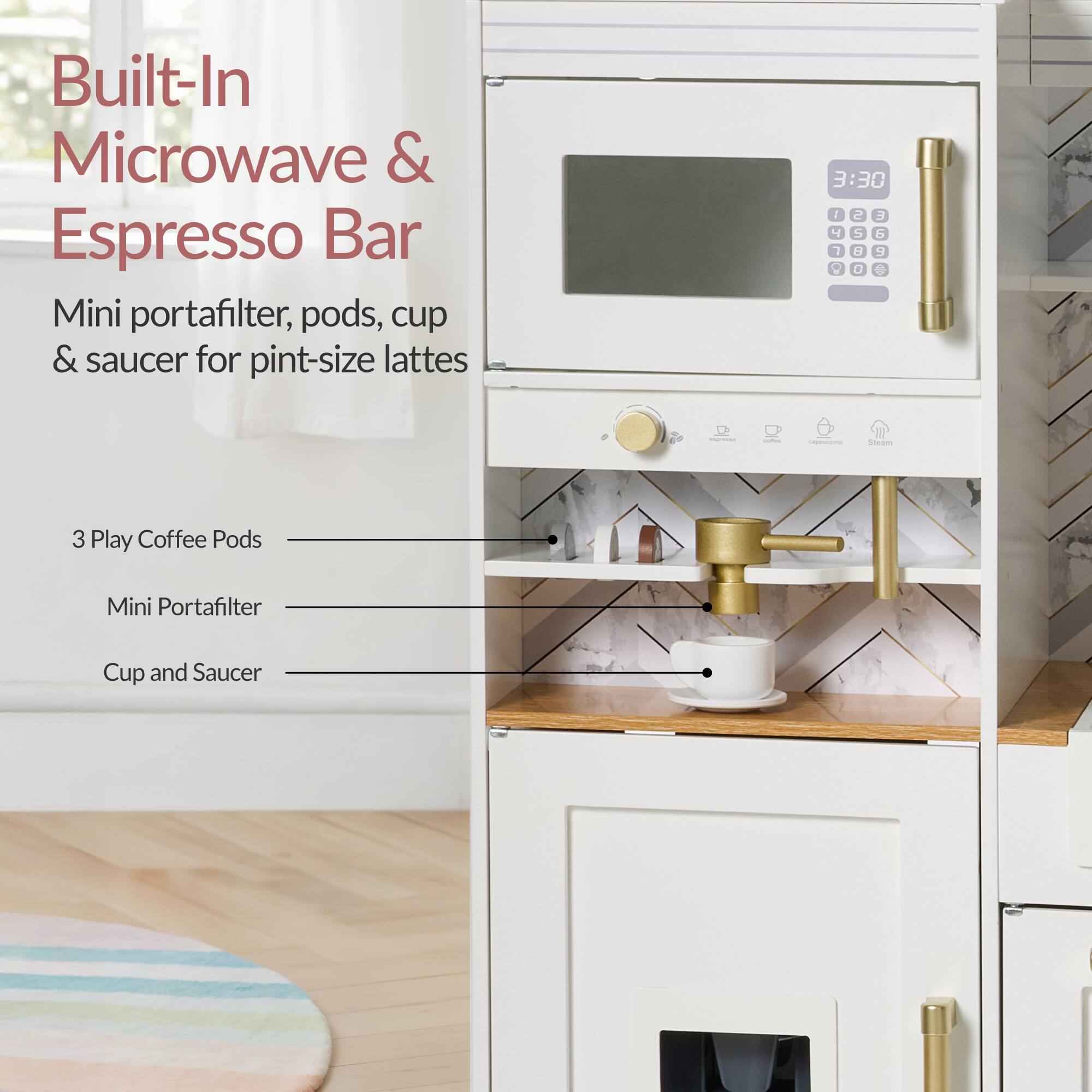 Built-In Microwave & Espresso Bar

Mini portafilter, pods, cup & saucer for pint-size lattes

3 Play Coffee Pods
Mini Portafilter
Cup and Saucer