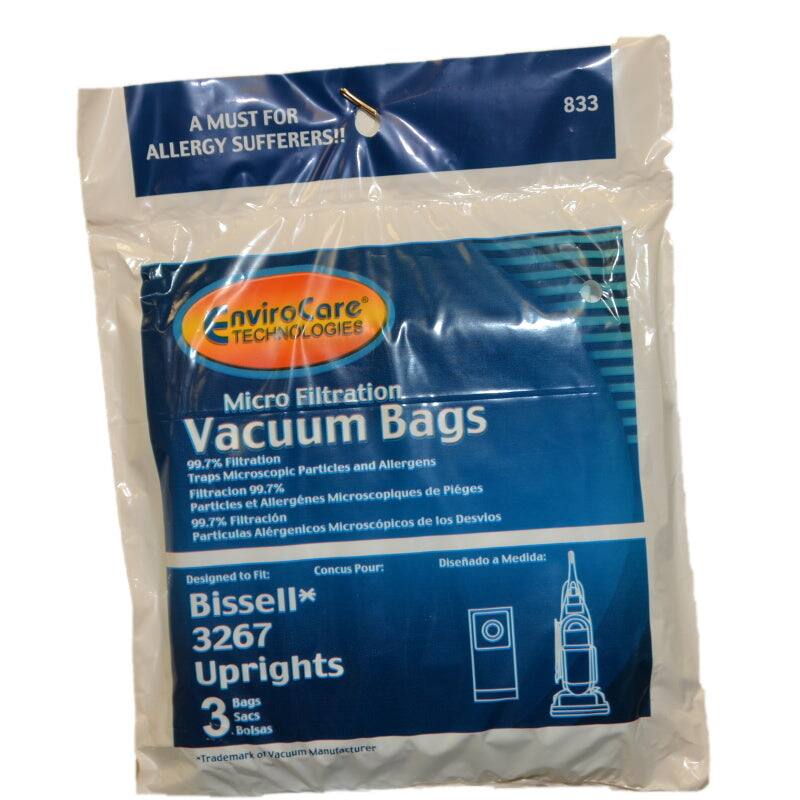 A MUST FOR ALLERGY SUFFERERS!!  
833 EnviroCare Technologies Micro Filtration Vacuum Bags  
99.7% Filtration and Allergens Microscopic Particles Traps  
Filtración 99.7% de Partículas y Alergénicos Microscópicos  
Filtración 99.7% de los Desvios Alérgenicos Microscópicos Partículas  
Diseñado a Medida:  
Conçu Pour:  
Designed to Fit:  
Bissell* 3267 Uprights Bags  
3 Sacs Bolsas  
Vacuum Manufacturer - Trademark