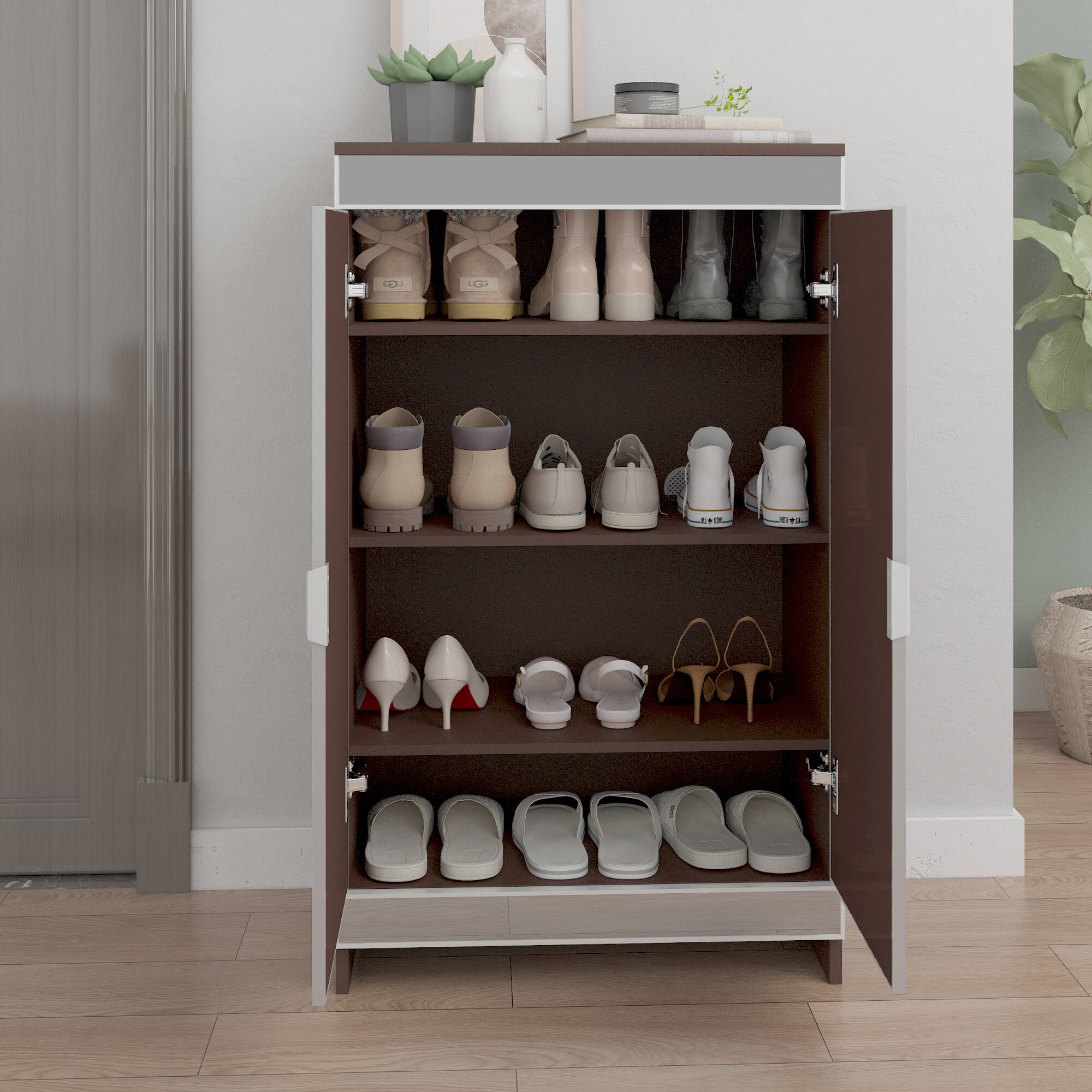 Alt View 7. Spaco - Spaco 2 Doors Mirrored Shoe Cabinet with Silver Edging, Elegant Glass Storage Cabinet for Entryway Decor - Brown.