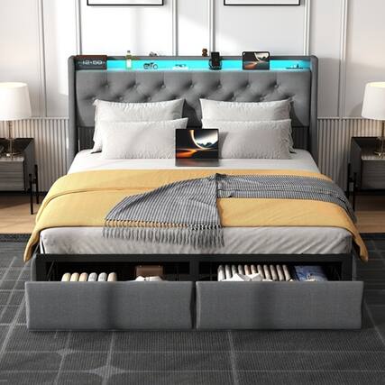 Front. Anysun - Queen Size Floating Bed Frame with 2 Storage Drawers & Headboard Shelf – RGB LED Light & USB Charging, Metal Silent - Grey.