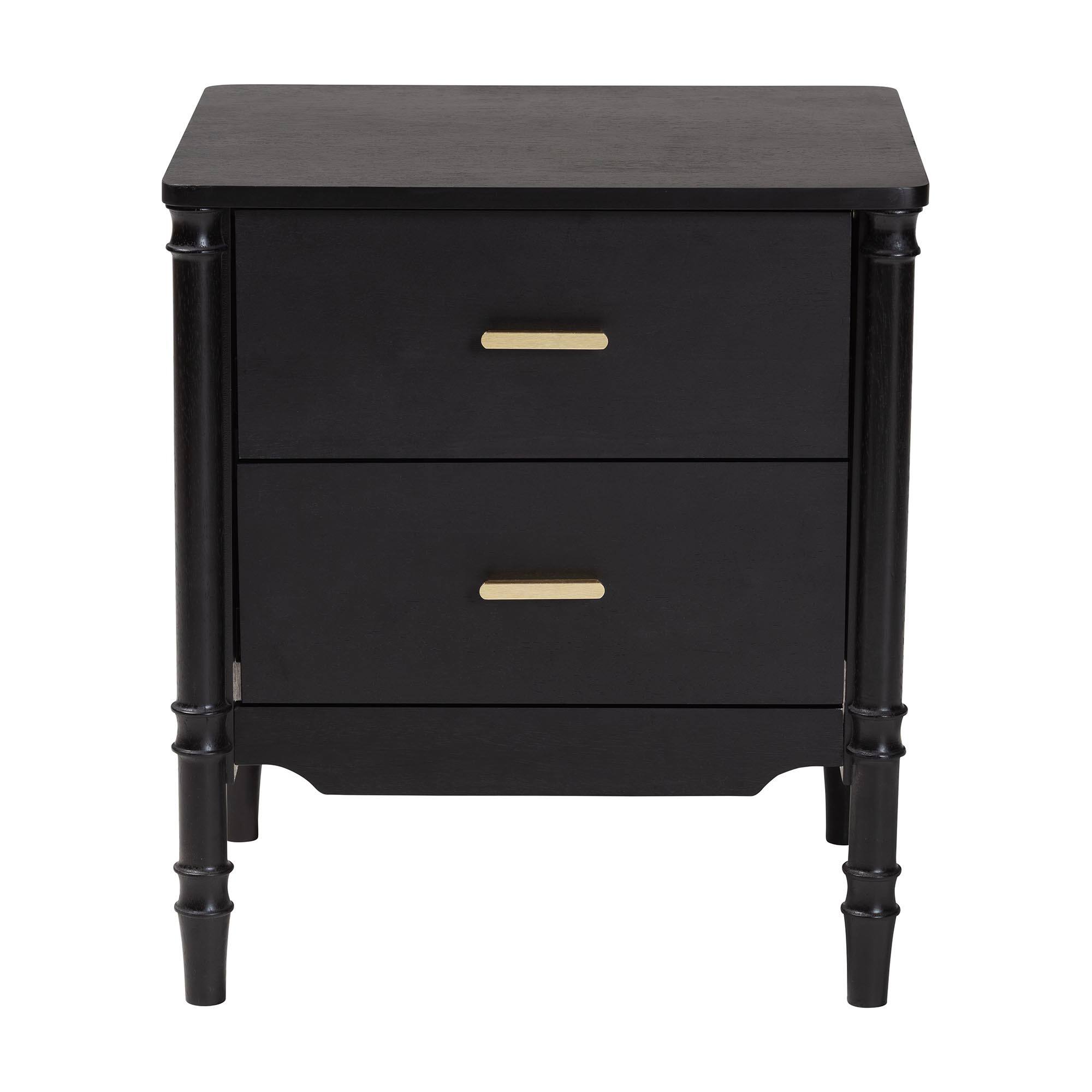 Left. Baxton Studio - Marisela Wood Nightstand with Gold Handles - 2-Drawer Bedside Table with Bamboo-Inspired Legs - Black.