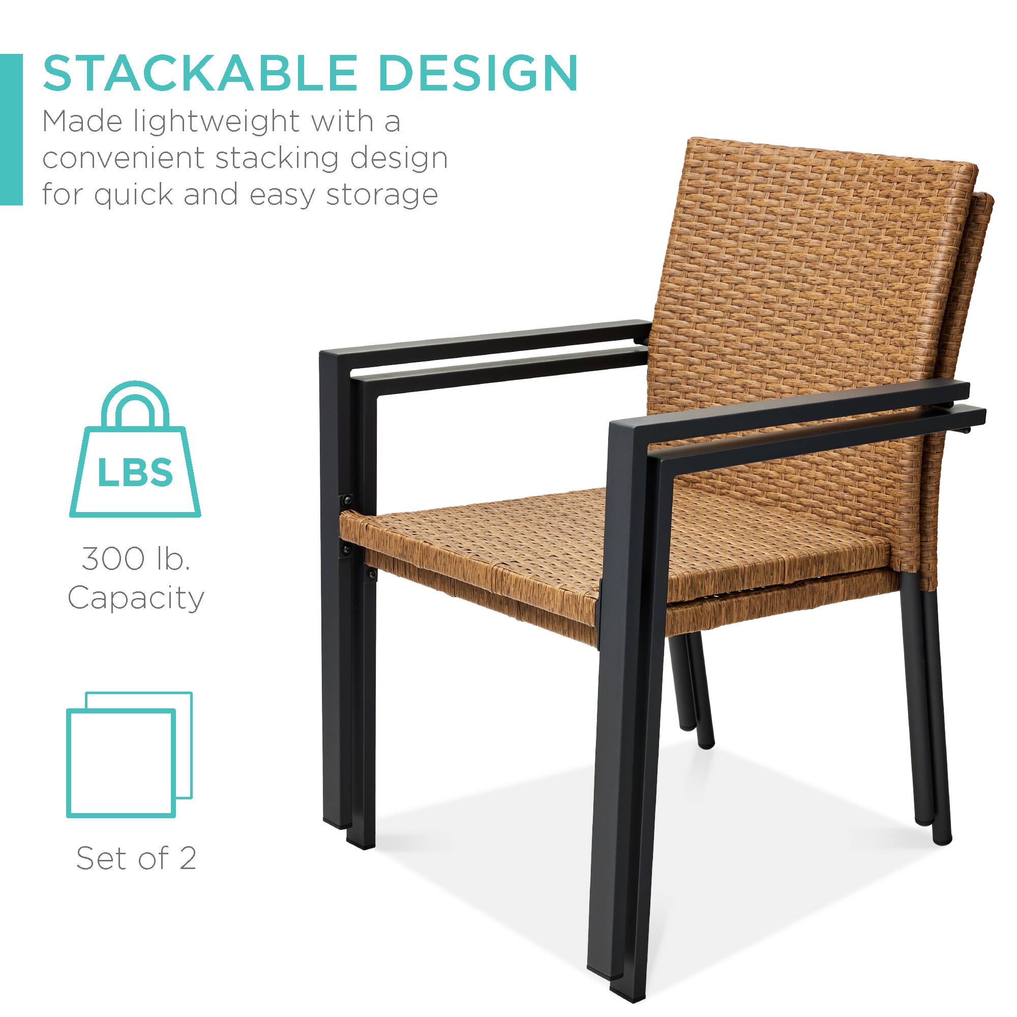STACKABLE DESIGN  
Made lightweight with a convenient stacking design for quick and easy storage  

LBS  
300 lb. Capacity  

Set of 2