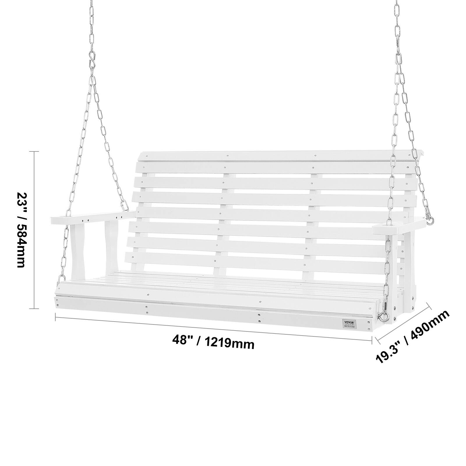 The corrected and grouped text from the image is:

- 23" / 584mm
- 48" / 1219mm
- 490mm
- 19.3" / 490mm