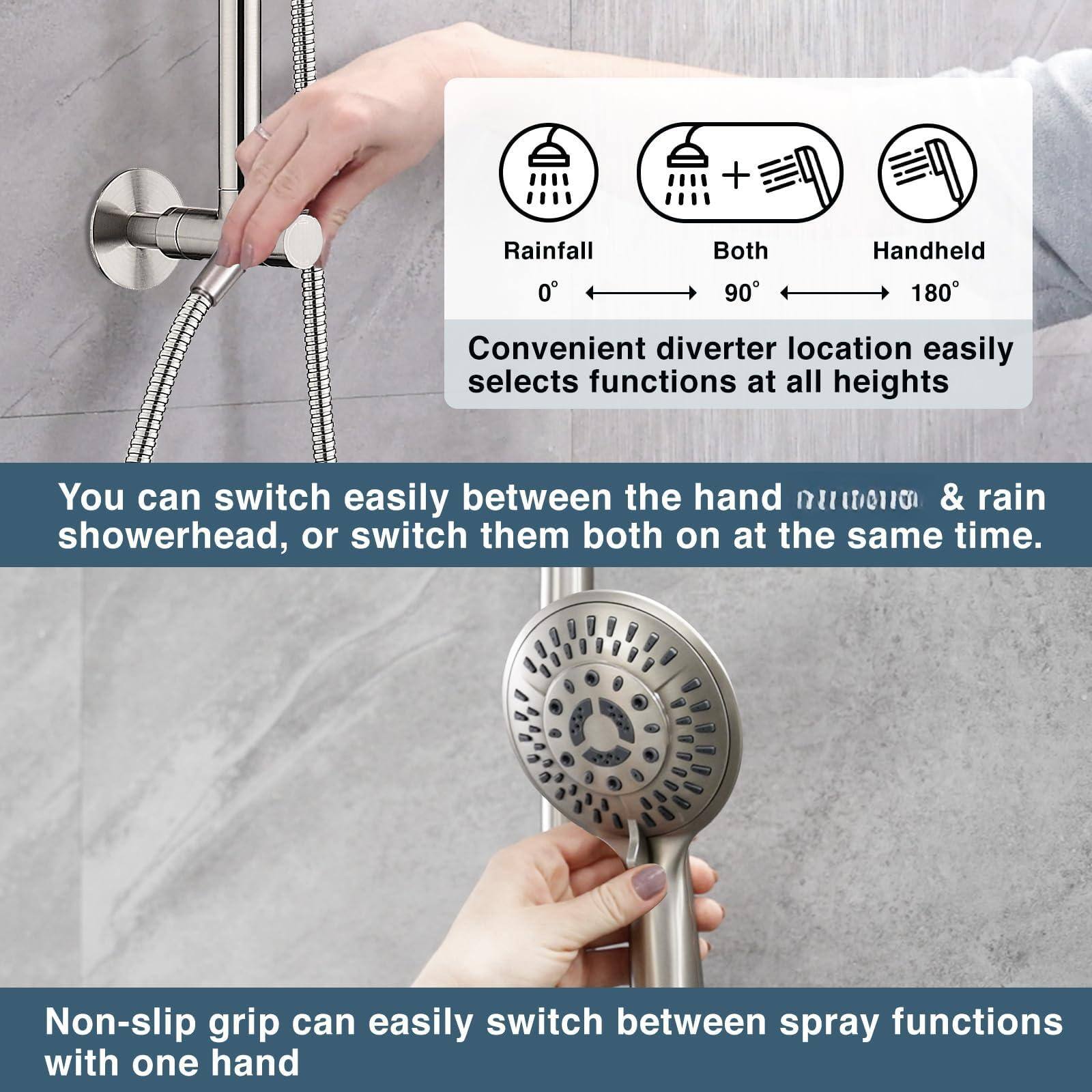 - Rainfall 0°
- Both 90°
- Handheld 180°

Convenient diverter location easily selects functions at all heights

You can switch easily between the hand showerhead & rain showerhead, or switch them both on at the same time.

Non-slip grip can easily switch between spray functions with one hand