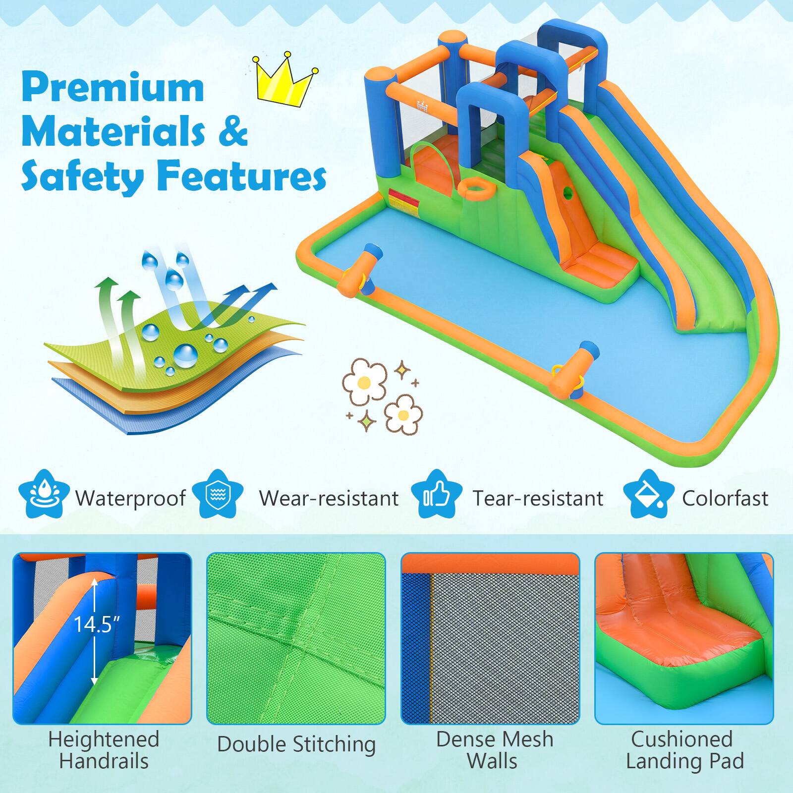 Premium Materials & Safety Features - Waterproof, Wear-resistant, Tear-resistant, Colorfast, 14.5" Heightened Handrails, Double Stitching, Dense Mesh Walls, Cushioned Landing Pad