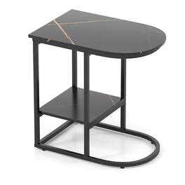 Costway - C-shaped End Table Modern Sofa Side Table w/ Faux Marble Tabletop & Storage Shelf - Black