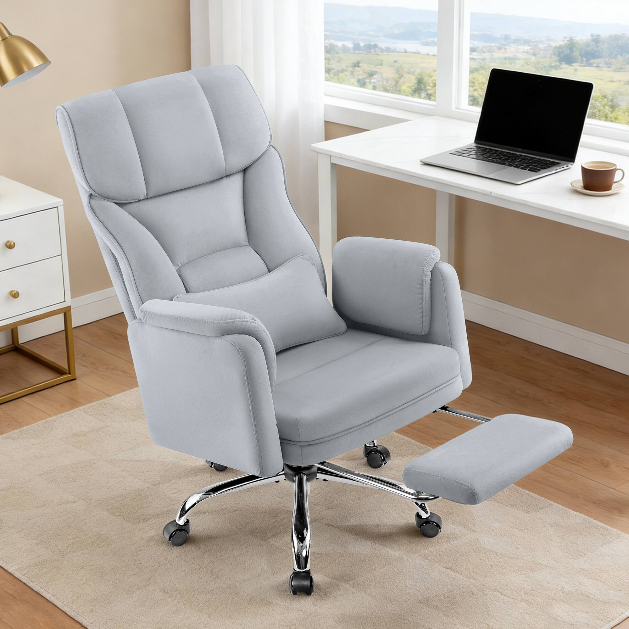 Alt View 1. Brick Attic - 500LBS Ergonomic Velvet Office Chair with Footrest,Wide Cross Legged Executive Chair with Flip-Up Arms, 120°Tilt - Grey.
