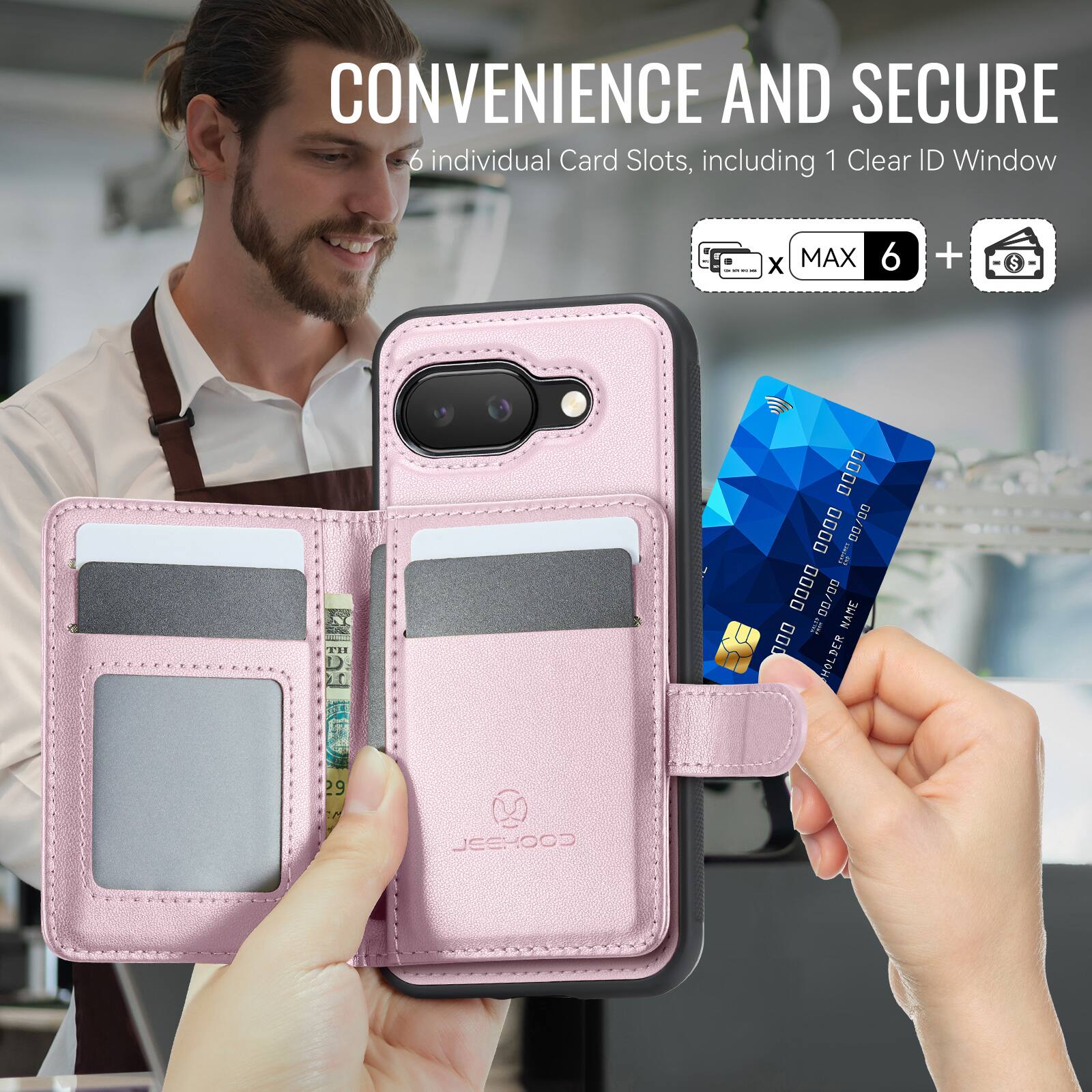 CONVENIENCE AND SECURE  
6 individual Card Slots, including 1 Clear ID Window  
MAX 6 +