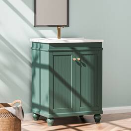 24" Bathroom Vanity with Ceramic Sink, Freestand Washroom Storage Cabinet, Elegant Sink Cabinet Shutter Doors, No Faucet
