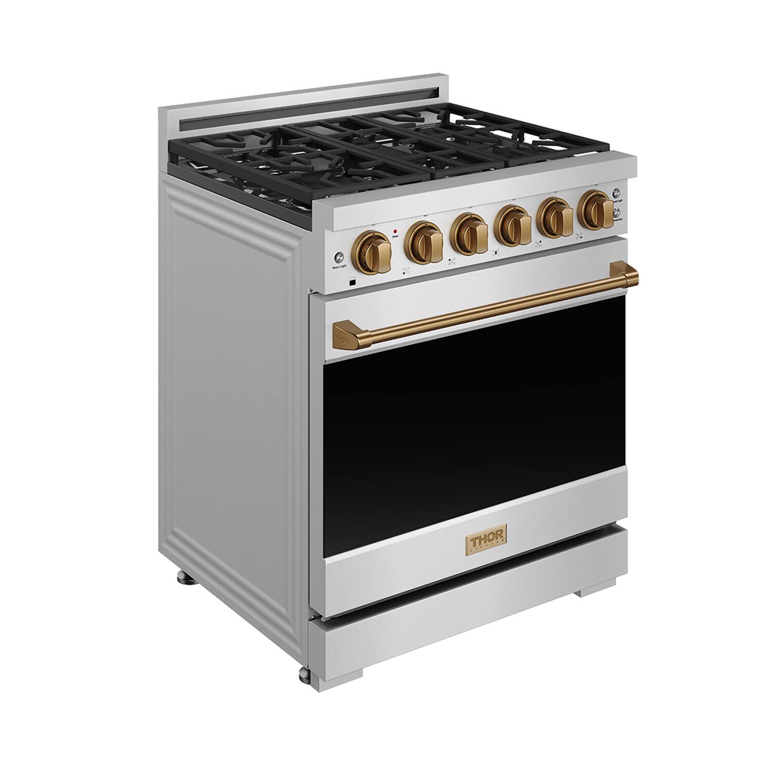 Left. Thor Kitchen - Gordon Ramsay Series by Thor Kitchen 4.55 Cu. Ft Freestanding Gas Range with Bronze Hardware - Stainless Steel.