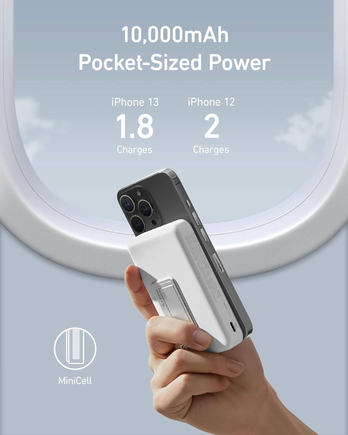 10,000mAh Pocket-Sized Power

iPhone 13  
1.8 Charges

iPhone 12  
2 Charges

MiniCell