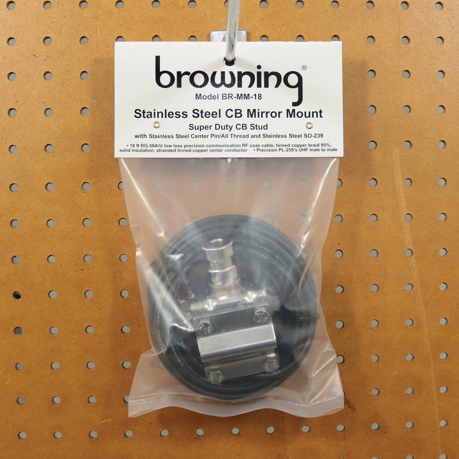 browning  
Model BR-MM-18  
Stainless Steel CB Mirror Mount  
Super Duty CB Stud with Stainless Steel Center Pin/All Thread and Stainless Steel SO-239  
18 ft RG-58A/U low loss precision communication RF coax cable, tinned copper braid 95% solid insulation, stranded tinned copper center conductor  
Precision PL-259's UHF male to male
