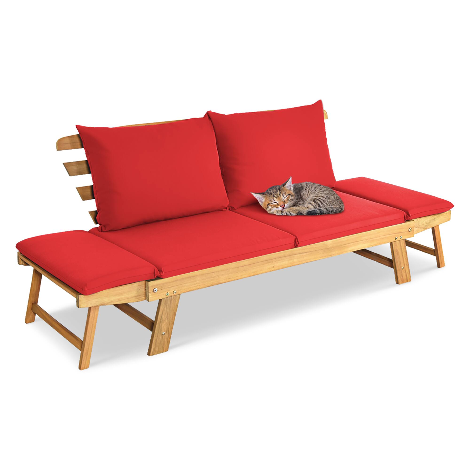 Alt View 8. Gymax - Gymax Adjustable Patio Sofa Daybed Acacia Wood Furniture w/ Red Cushions - Red.