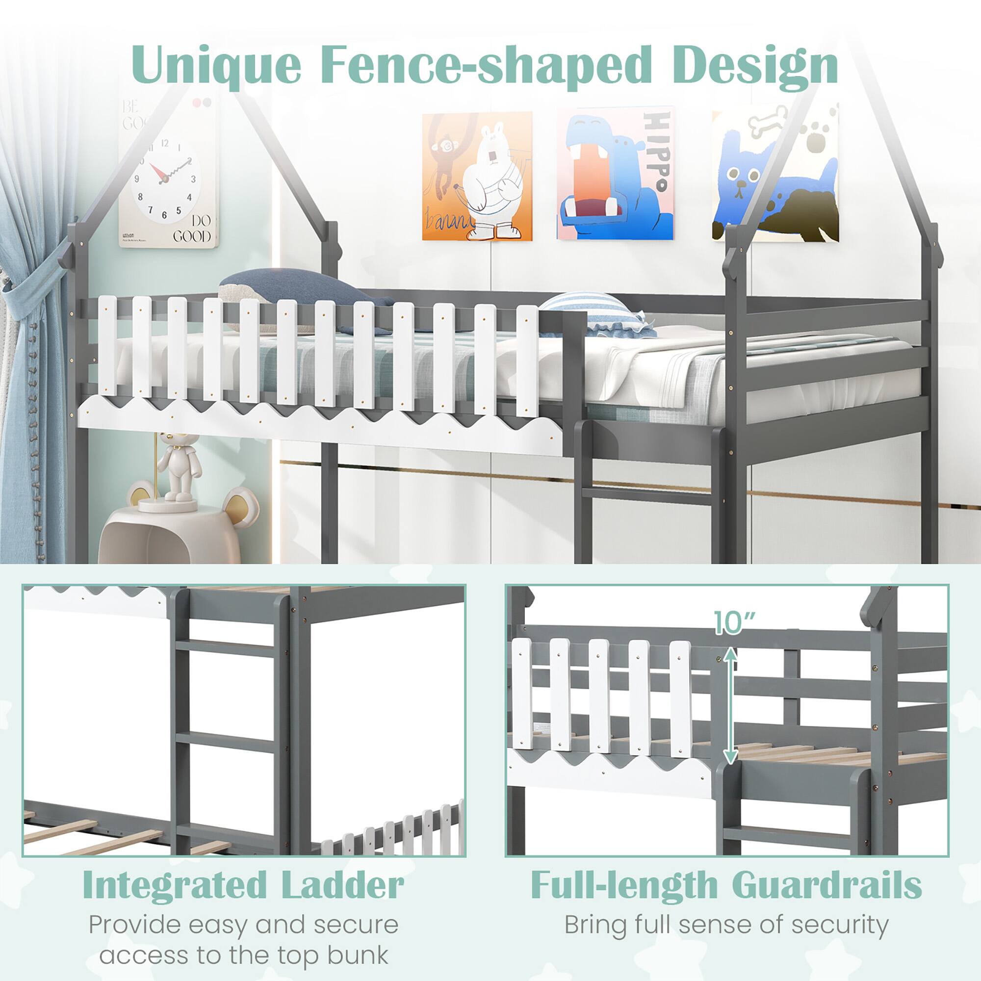 Unique Fence-shaped Design, Integrated Ladder, Full-length Guardrails