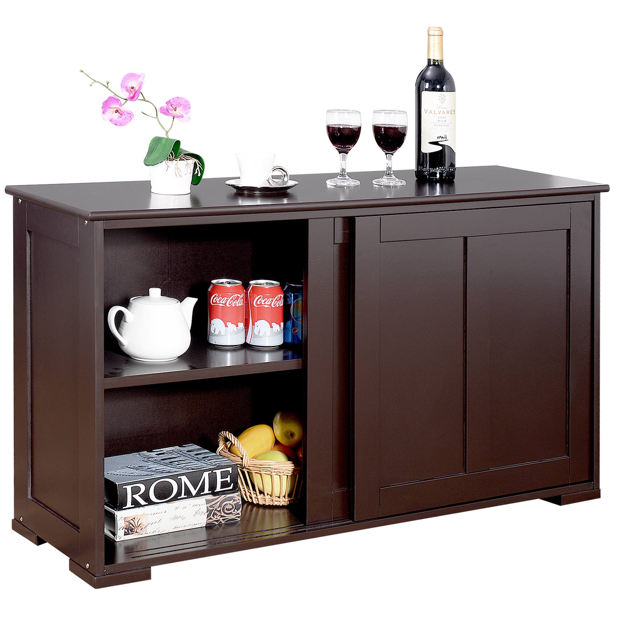 Costway - Kitchen Storage Cabinet Sideboard Buffet Cupboard Wood Sliding Door Pantry - Brown