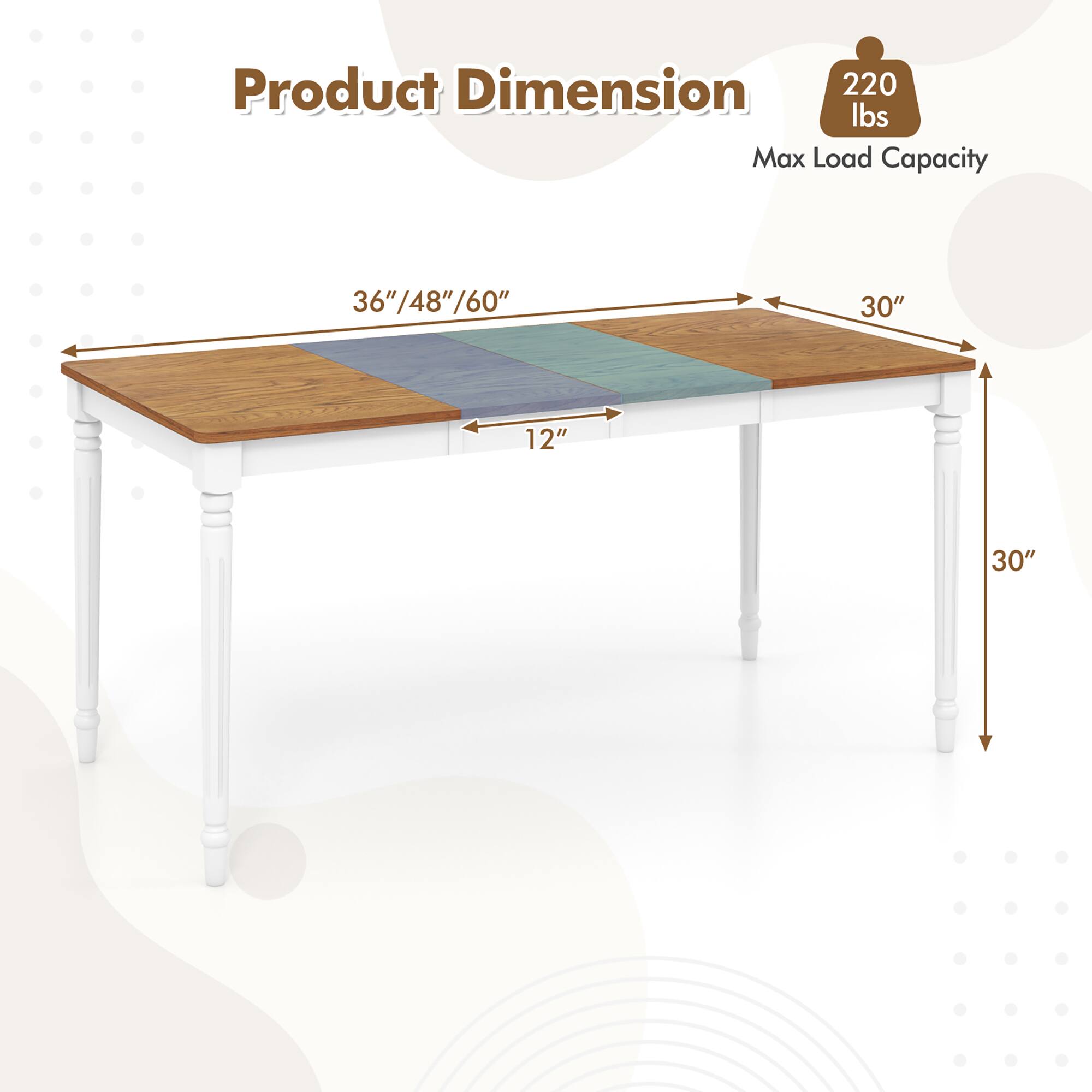 Product Dimension  
Max Load Capacity: 220 lbs  
Dimensions: 36"/48"/60" (length) x 30" (width) x 30" (height)  
Thickness: 12"