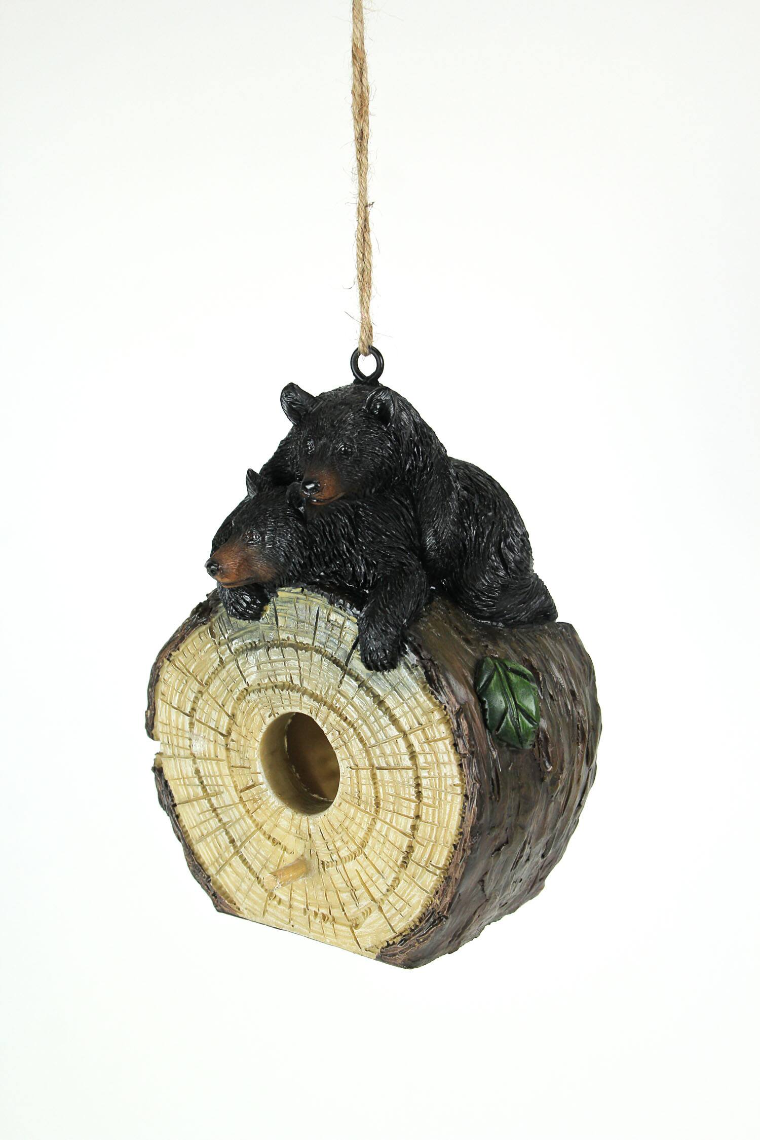 Alt View 2. Mayrich Company - Playful Black Bears On Cut Log Polyresin Hanging Birdhouse - Brown.