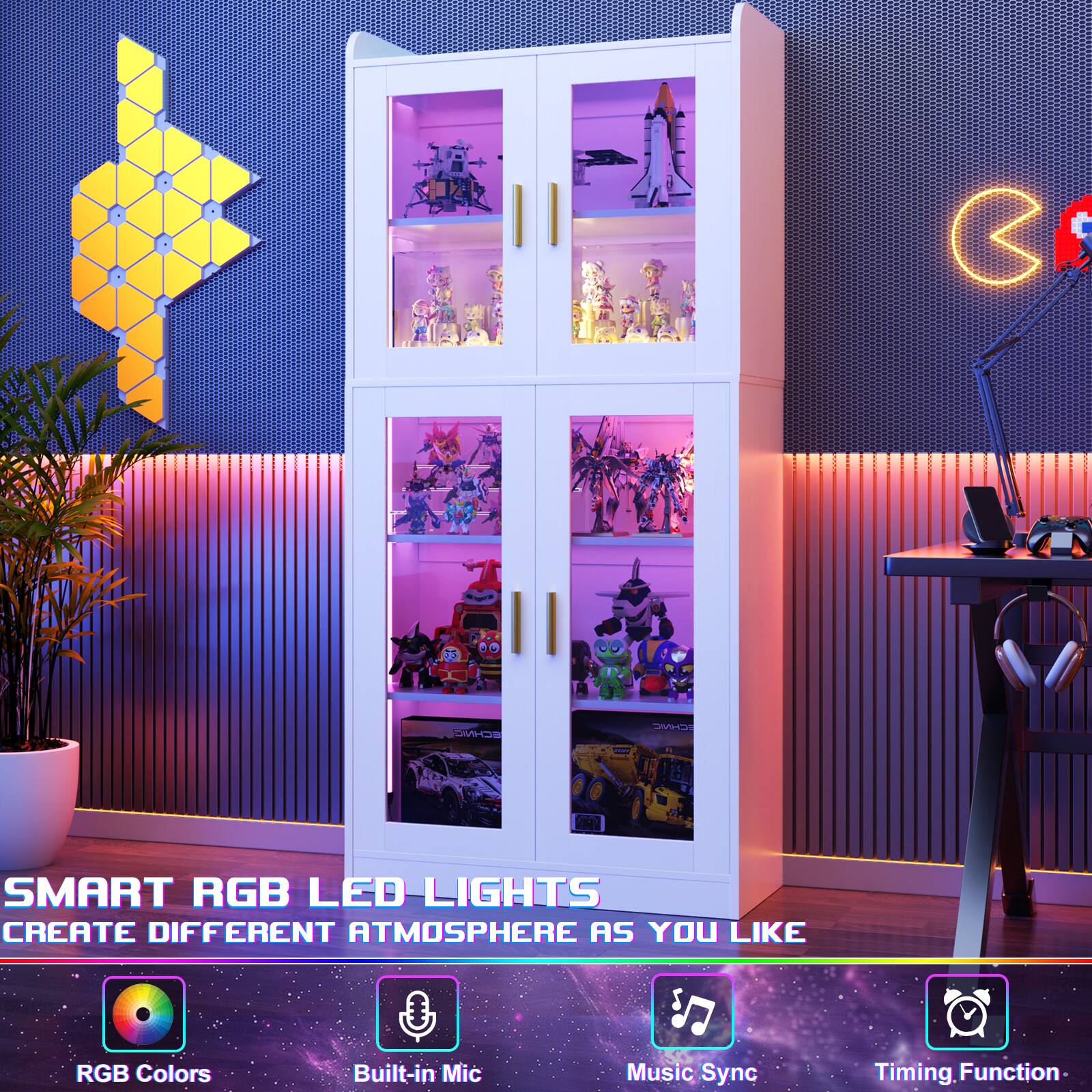 SMART RGB LED LIGHTS  
CREATE DIFFERENT ATMOSPHERE AS YOU LIKE  

RGB Colors  
Built-in Mic  
Music Sync  
Timing Function