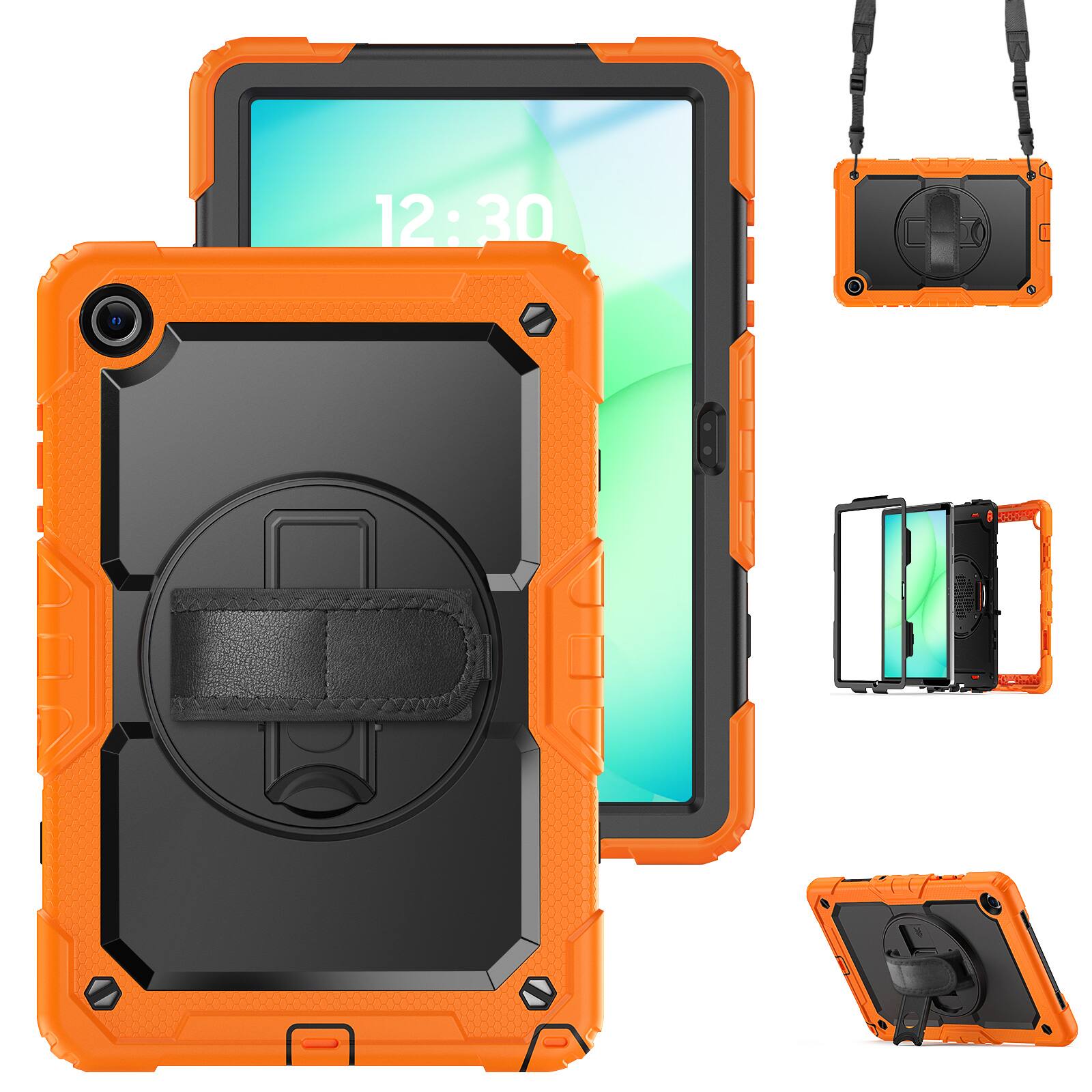 Angle. Dteck - For Samsung Galaxy Tab A11+ 2025/A9+ 2023 Shockproof Three-Layer Stand Shoulder Strap Case Built-in Screen Protector - Orange.