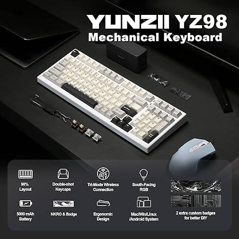 YUNZI YZ98 Mechanical Keyboard 2

- 96% Layout
- Double-shot Keycaps
- Tri-Mode Wireless Connection
- South-Facing RGB
- 5000 mAh Battery
- NKRO & Badge
- Ergonomic Design
- Mac/Win/Linux/Android System
- 2 extra custom badges for better DIY