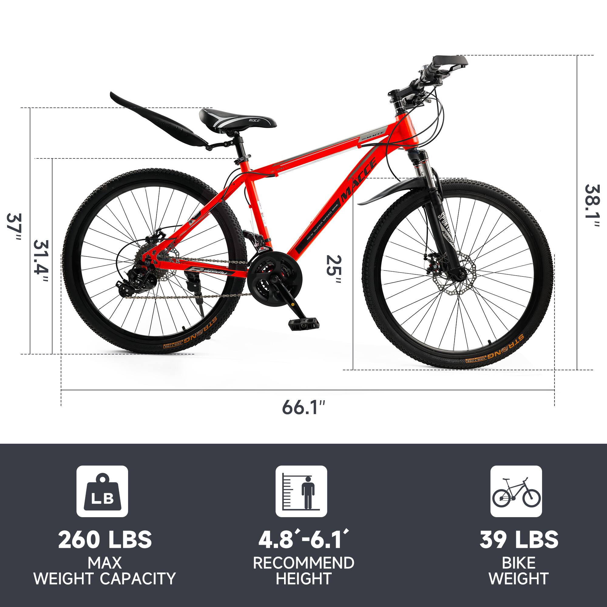 -.- 37" 31.4" SE DNU MALCE M IRA I 25" E ML D N CHETSC 38.1" 66.1" LB 260 LBS MAX WEIGHT CAPACITY 4.8'-6.1' RECOMMEND HEIGHT 39 LBS BIKE WEIGHT

Corrected:

-.- 37" 31.4" SE DNU MALCE M IRA I 25" E ML D N CHETSC 38.1" 66.1" LB 260 LBS MAX WEIGHT CAPACITY 4.8'-6.1' RECOMMEND HEIGHT 39 LBS BIKE WEIGHT