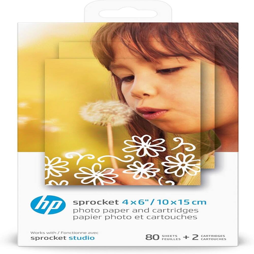 hp sprocket 4x6"/10x15cm photo paper and cartridges papier photo et cartouches Works with/Fonctionne avec sprocket studio SHEETS CARTRIDGES 80 + 2 FEUILLES CARTOUCHES