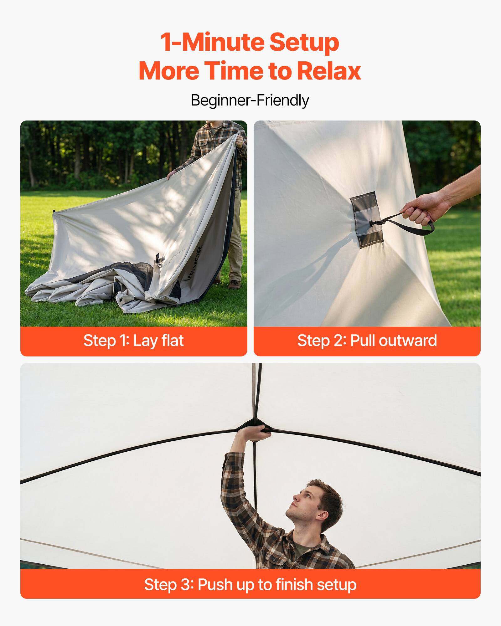 1-Minute Setup  
More Time to Relax  
Beginner-Friendly  

Step 1: Lay flat  
Step 2: Pull outward  
Step 3: Push up to finish setup