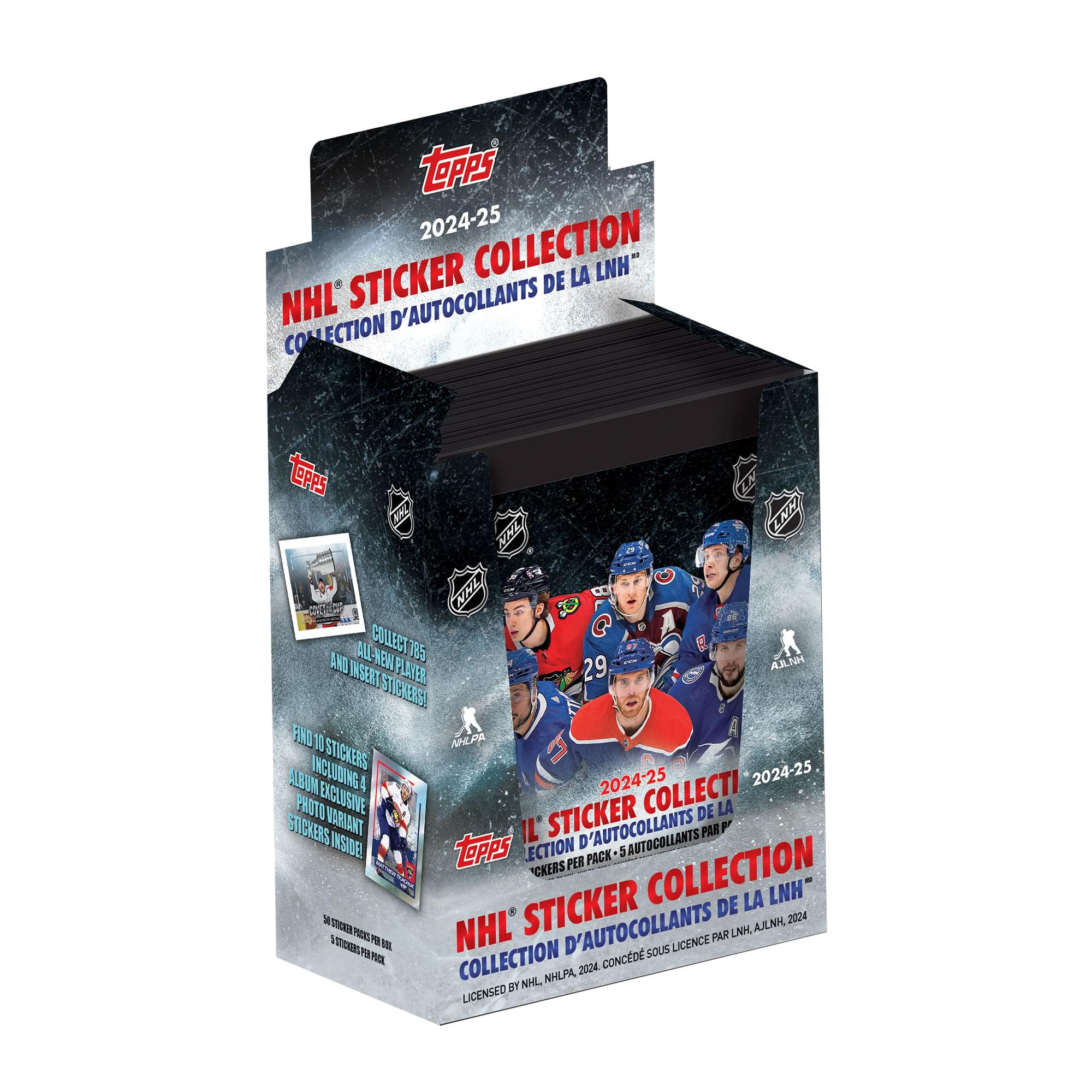 TOPPS 2024-25 STICKER COLLECTION NHL D'AUTOCOLLANTS COLLECTION  
2024-25 STICKER COLLECTION NHL D'AUTOCOLLANTS DE LA LNH  
COLLECT 365 AND INSERT STICKERS!  
FIND 10 STICKERS INCLUDING 4 ALBUM EXCLUSIVE PHOTO VARIANT STICKERS INSIDE!  
30 STICKERS PER PACK - 5 AUTOCOLLANTS PAR PACK  
LICENSED BY NHL, NHLPA