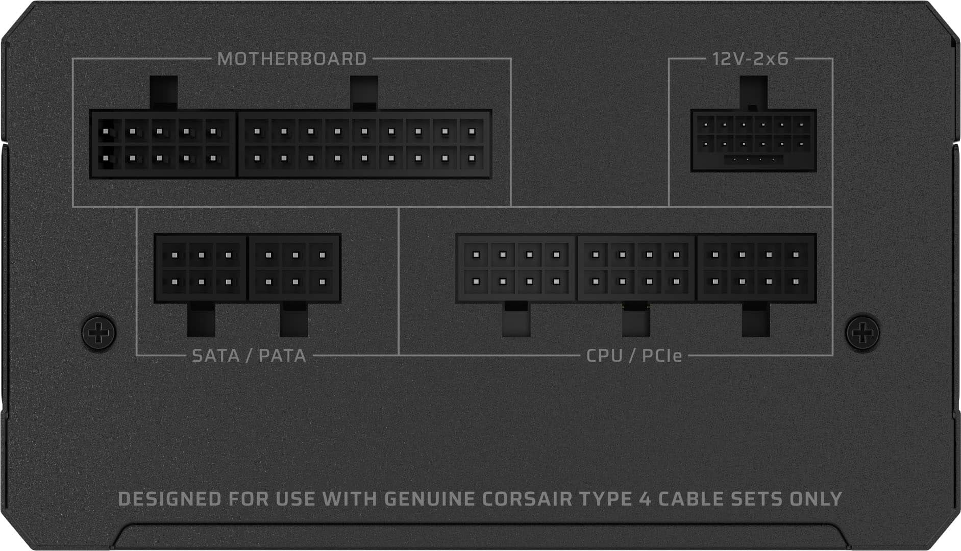 The image shows a close-up of a motherboard with a diagram of the connections. The text on the image reads: "Motherboard 12V-2x6 + SATA / PATA CPU J/PCle / + Designed for use with genuine Corsair Type 4 cable sets only." This indicates that the motherboard is designed to work with specific Corsair Type 4 cable sets and is equipped with features such as SATA and PATA connections for the CPU and other peripherals.