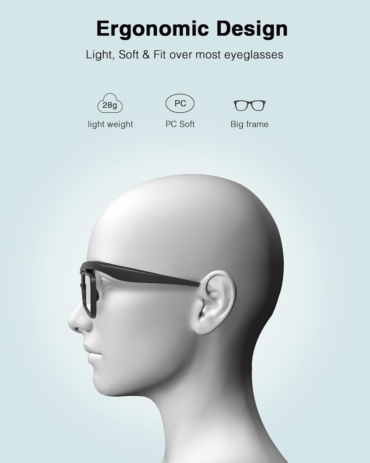 Ergonomic Design: Light, Soft & Fit over most eyeglasses. 28g PC light weight PC Soft Big frame.