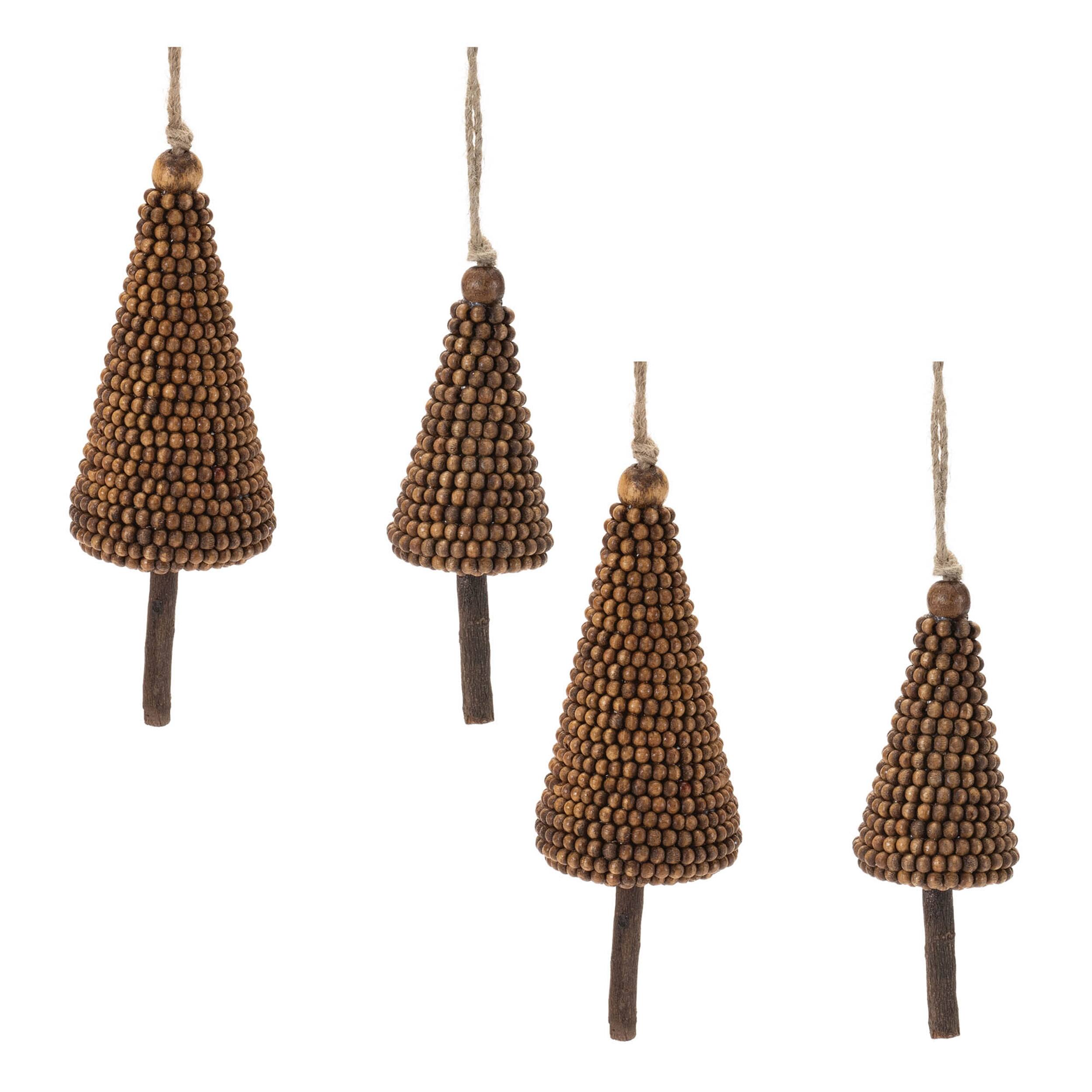 Alt View 2. BreeBe - Wood Beaded Pine Tree Ornament (Set of 4) - Brown.