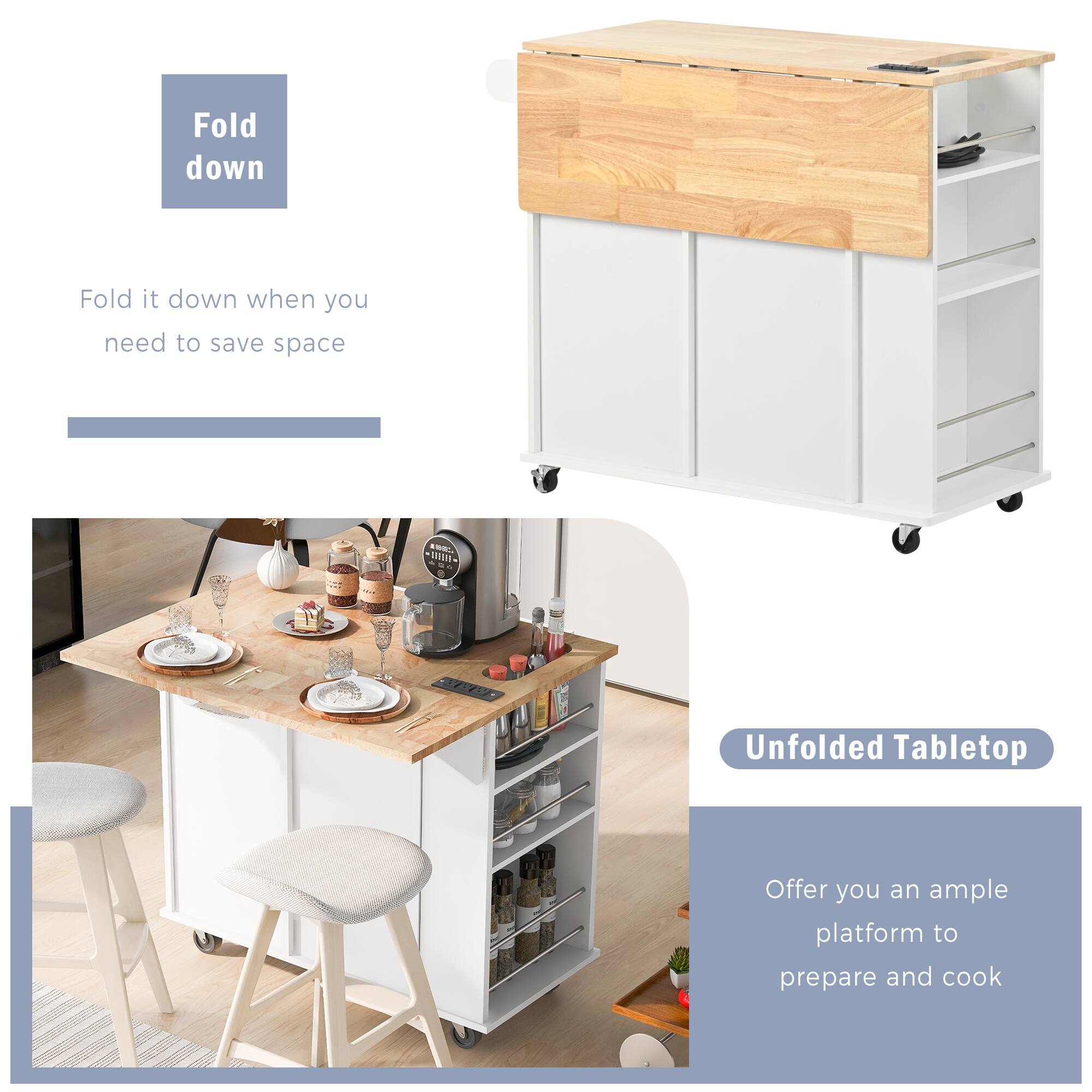 Fold down  
Fold it down when you need to save space  

Unfolded Tabletop  
Offer you an ample platform to prepare and cook