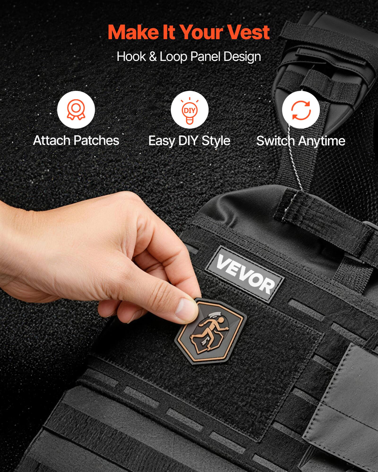 Make It Your Vest  
Hook & Loop Panel Design  

Attach Patches  
Easy DIY Style  
Switch Anytime  

VEVOR