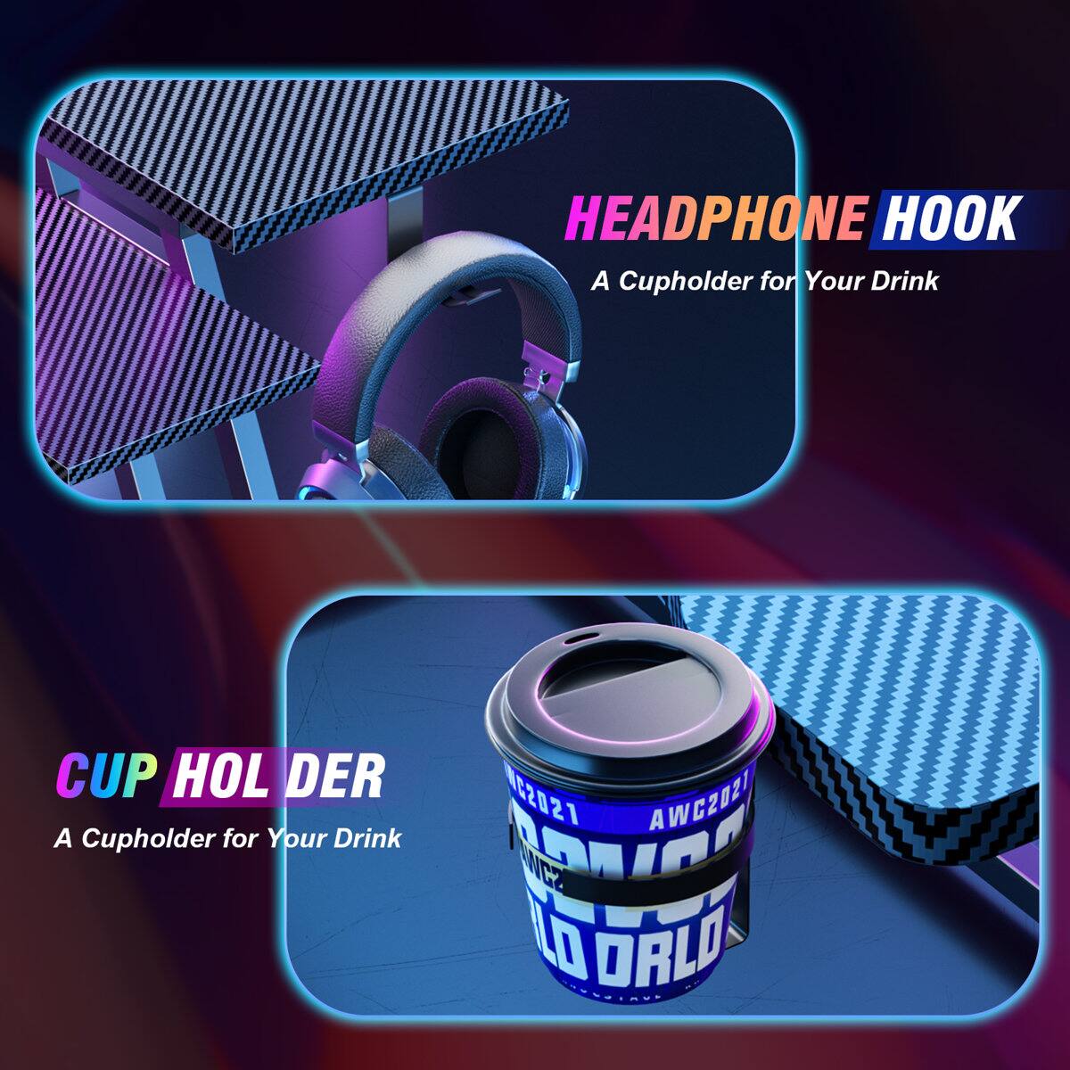 HEADPHONE HOOK  
A Cupholder for Your Drink  

CUP HOLDER  
A Cupholder for Your Drink  

G2021 AWG2021  
C.AUD