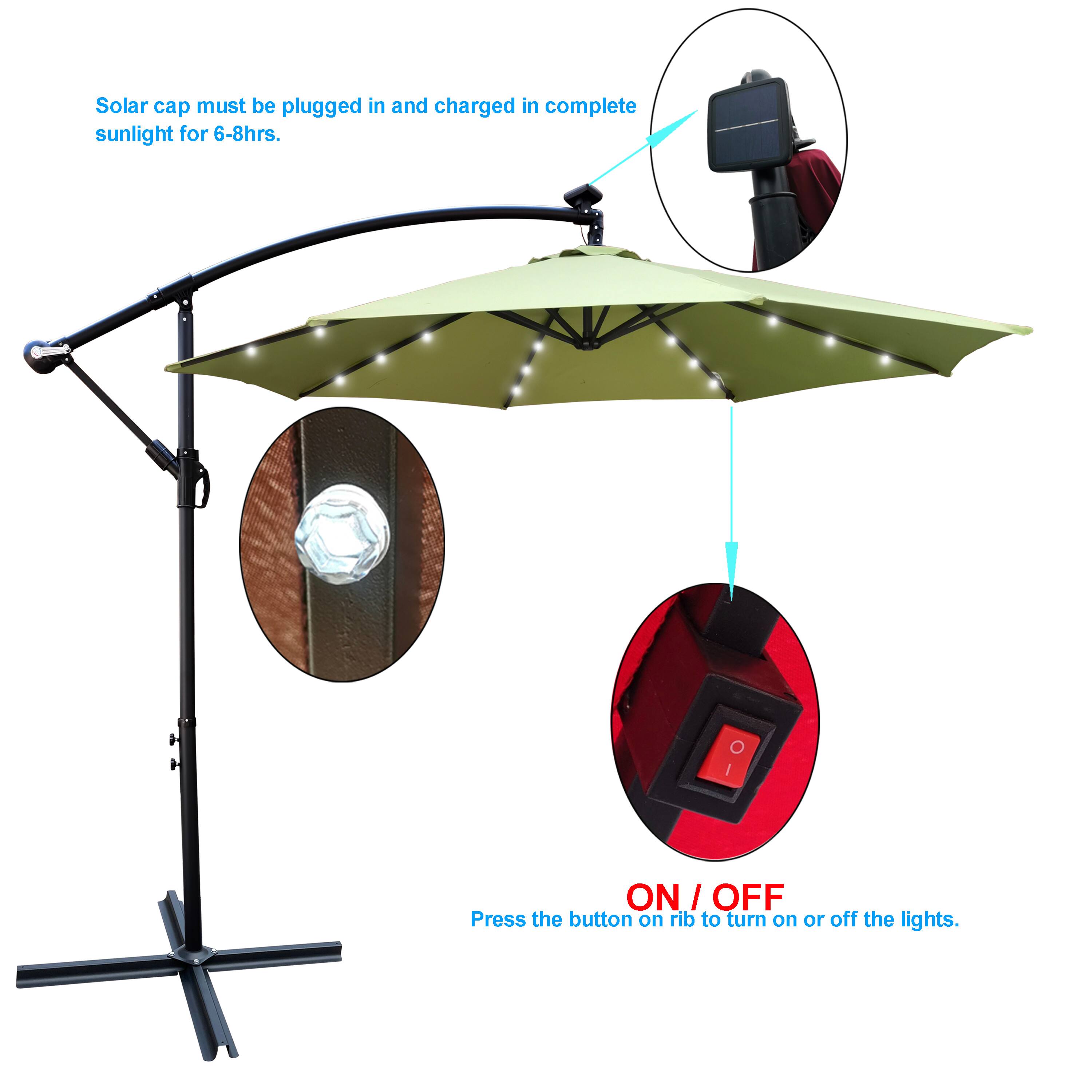 Solar cap must be plugged in and charged in complete sunlight for 6-8hrs.

Press the button on rib to turn on or off the lights.