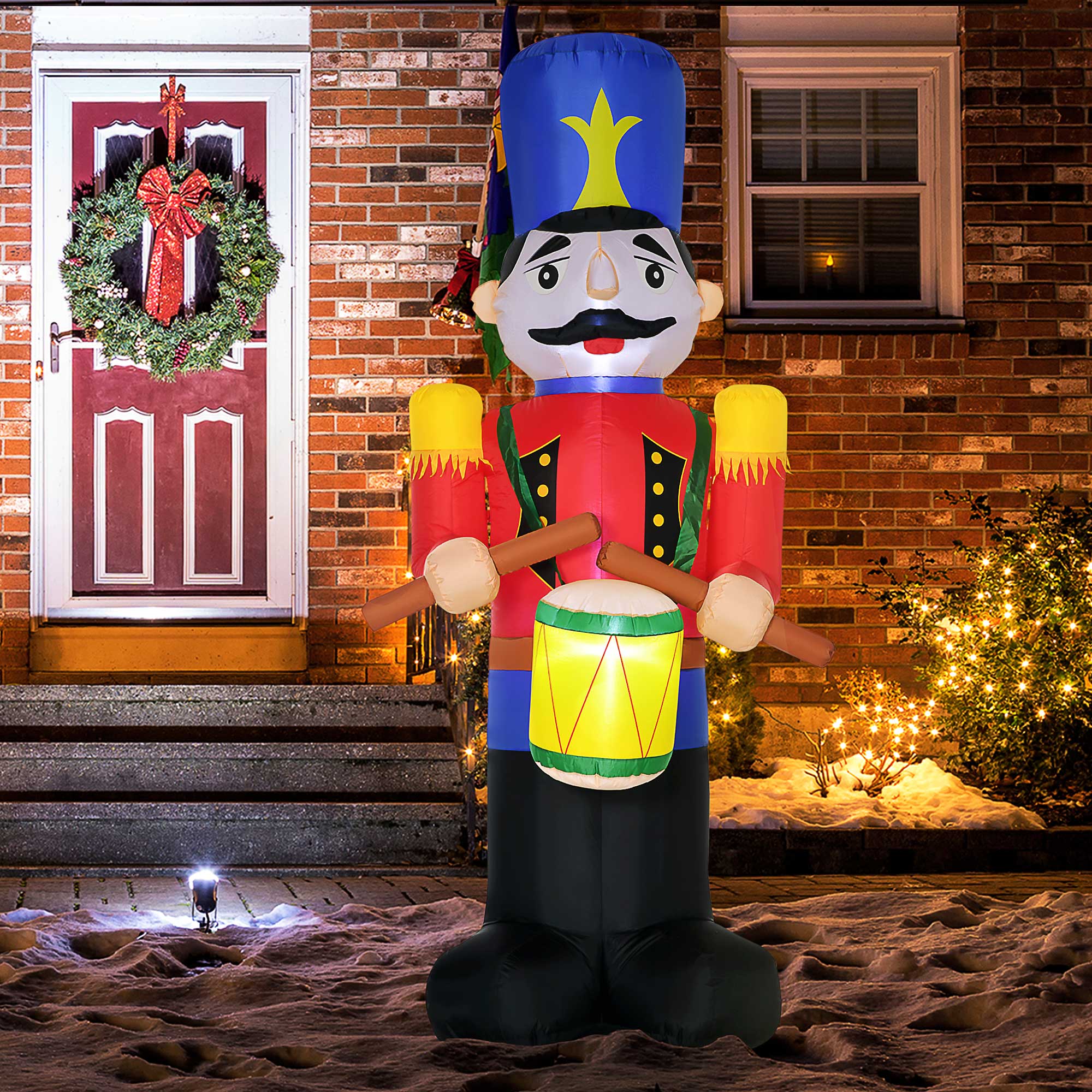 Alt View 1. Homcom - 8ft Inflatable Nutcracker with Drum, Outdoor Blow-Up Yard Christmas Decor with LED Lights - Red, Blue.